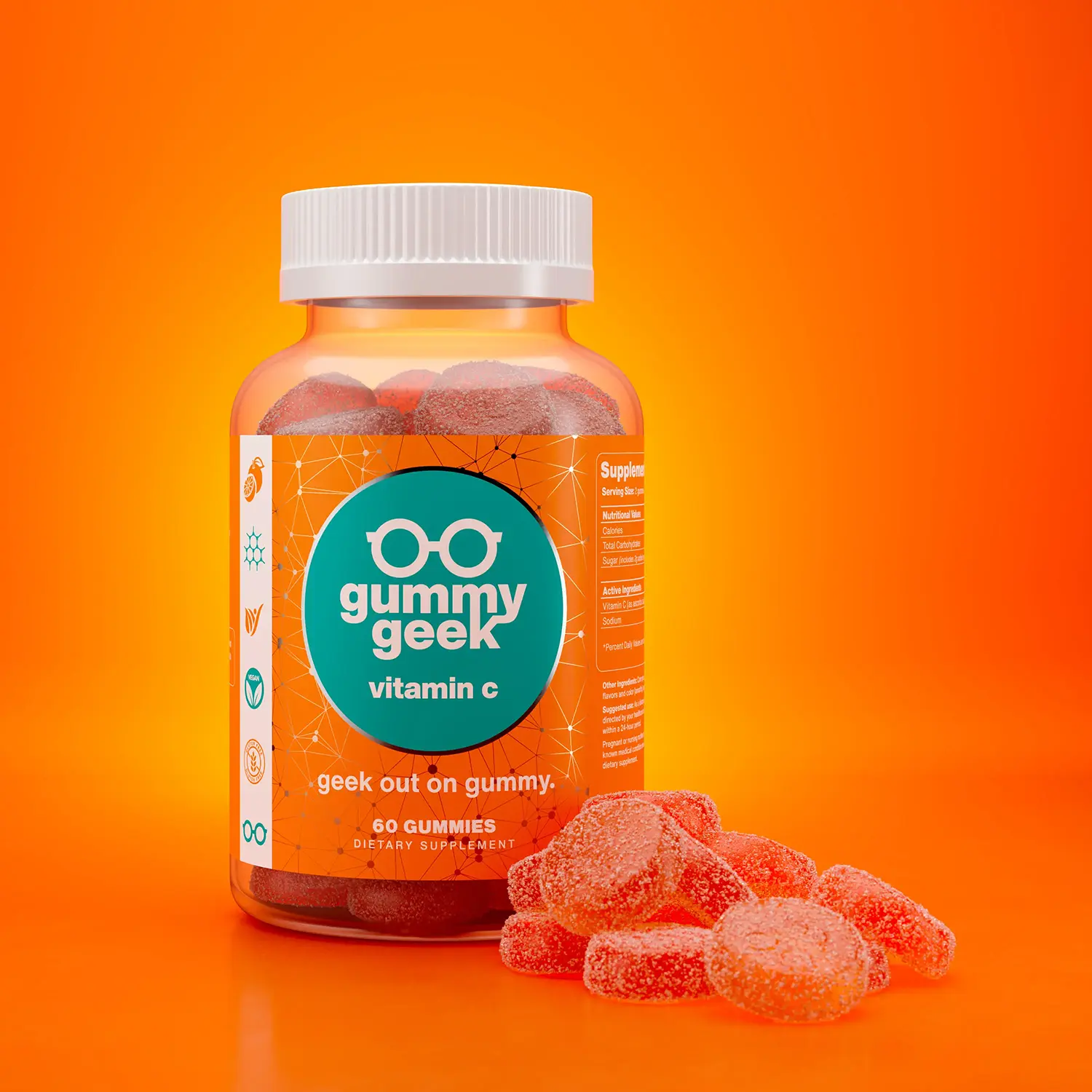 Gummy Geek vitamin C bottle on an orange backdrop