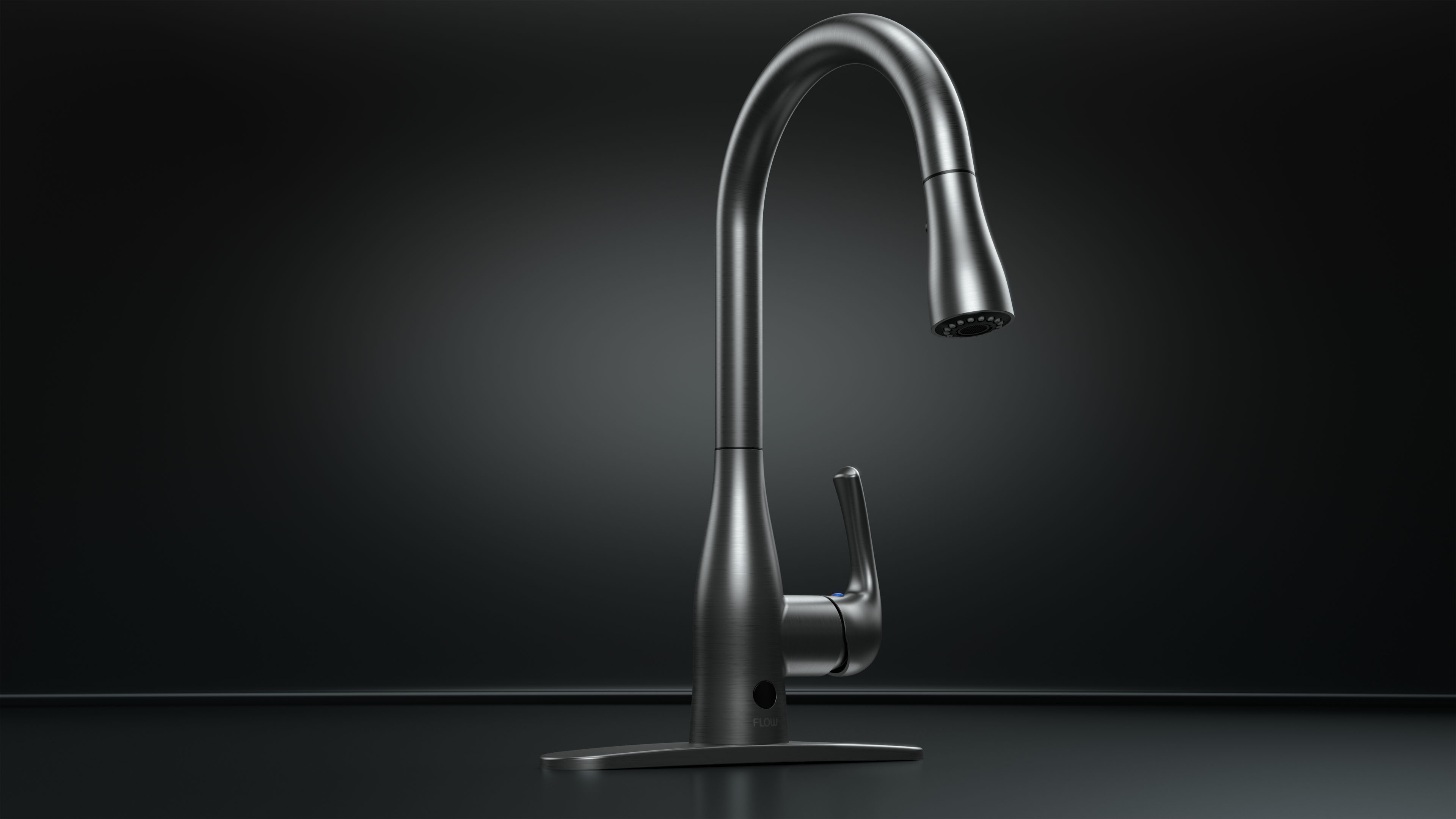 Gunmetal gray pull-down kitchen faucet rendered in 3D against a dark background