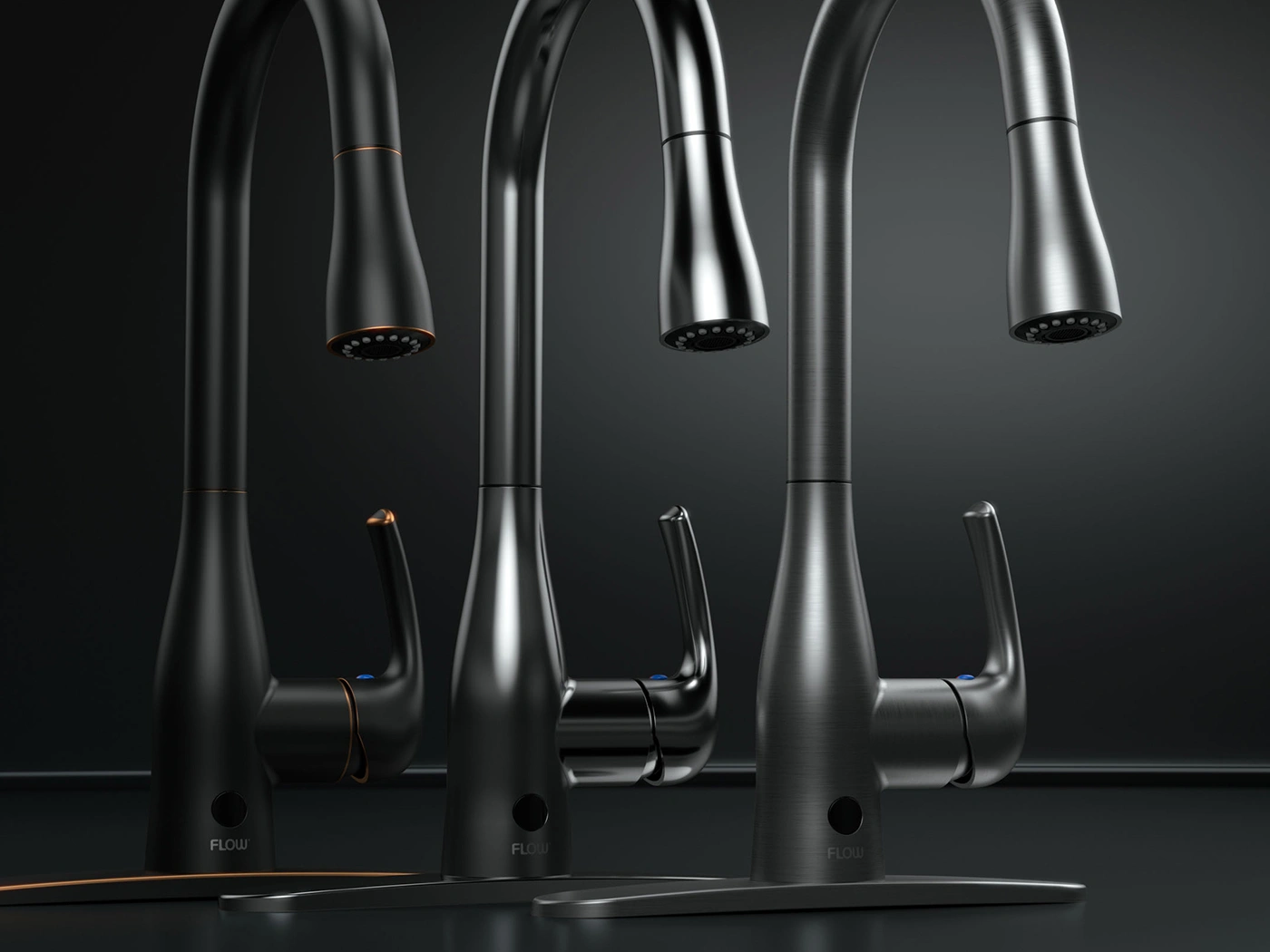 Three pull-down kitchen faucets in oil-rubbed bronze, chrome, and gunmetal finishes rendered in 3D side by side
