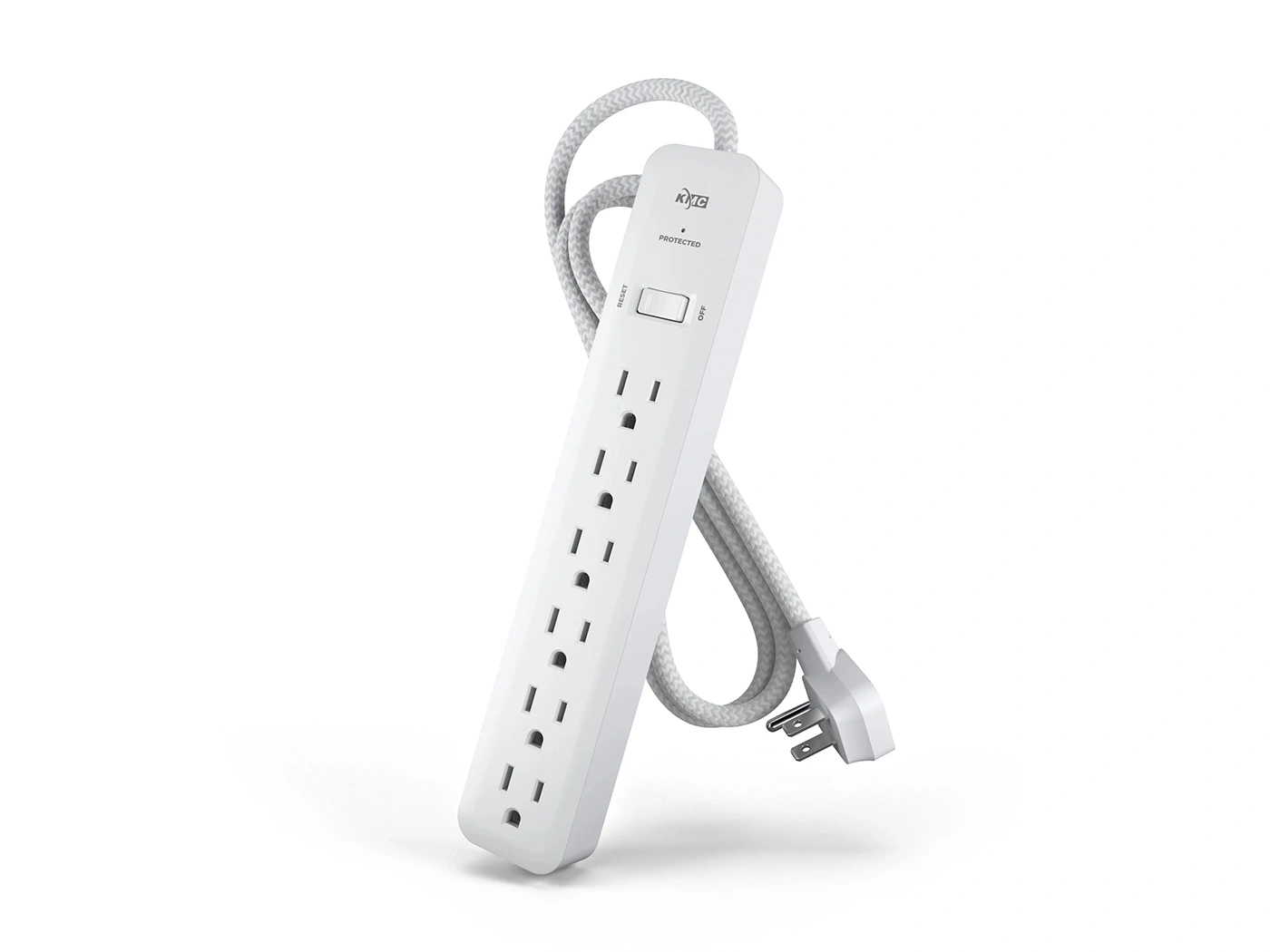 White surge-protector power strip with a braided cord rendered in 3D against a clean studio background
