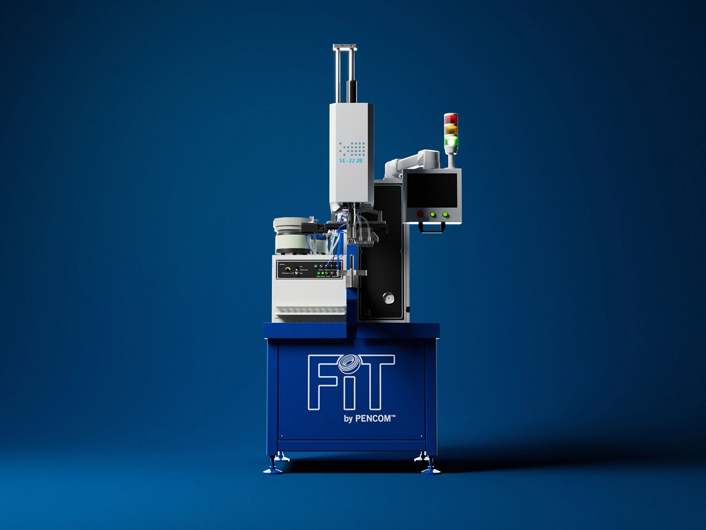 Blue industrial assembly machine with robotic dispensing arm rendered in 3D against a dark background