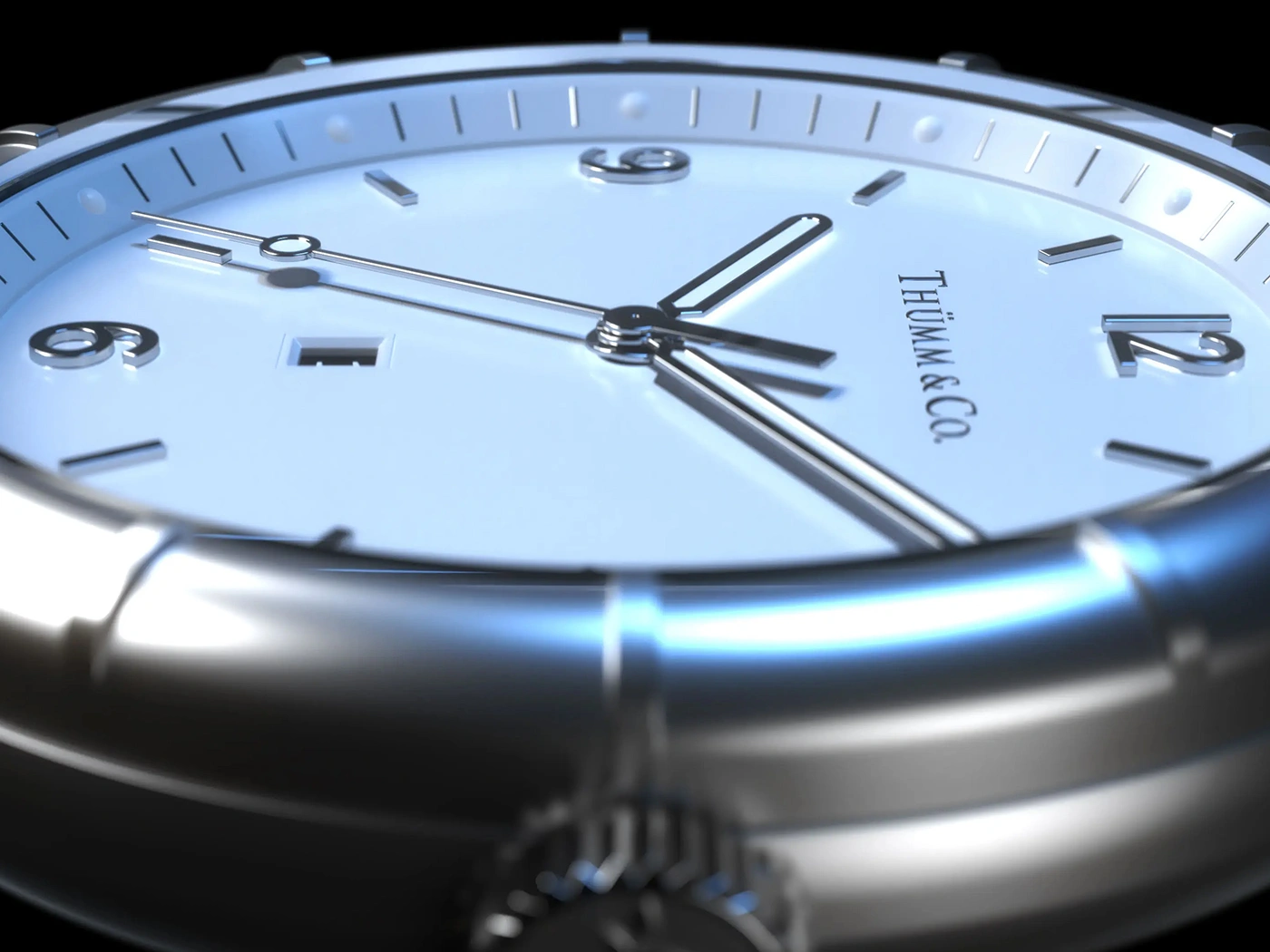 Macro close-up of a luxury watch face with polished metal case and reflective dial, rendered in 3D
