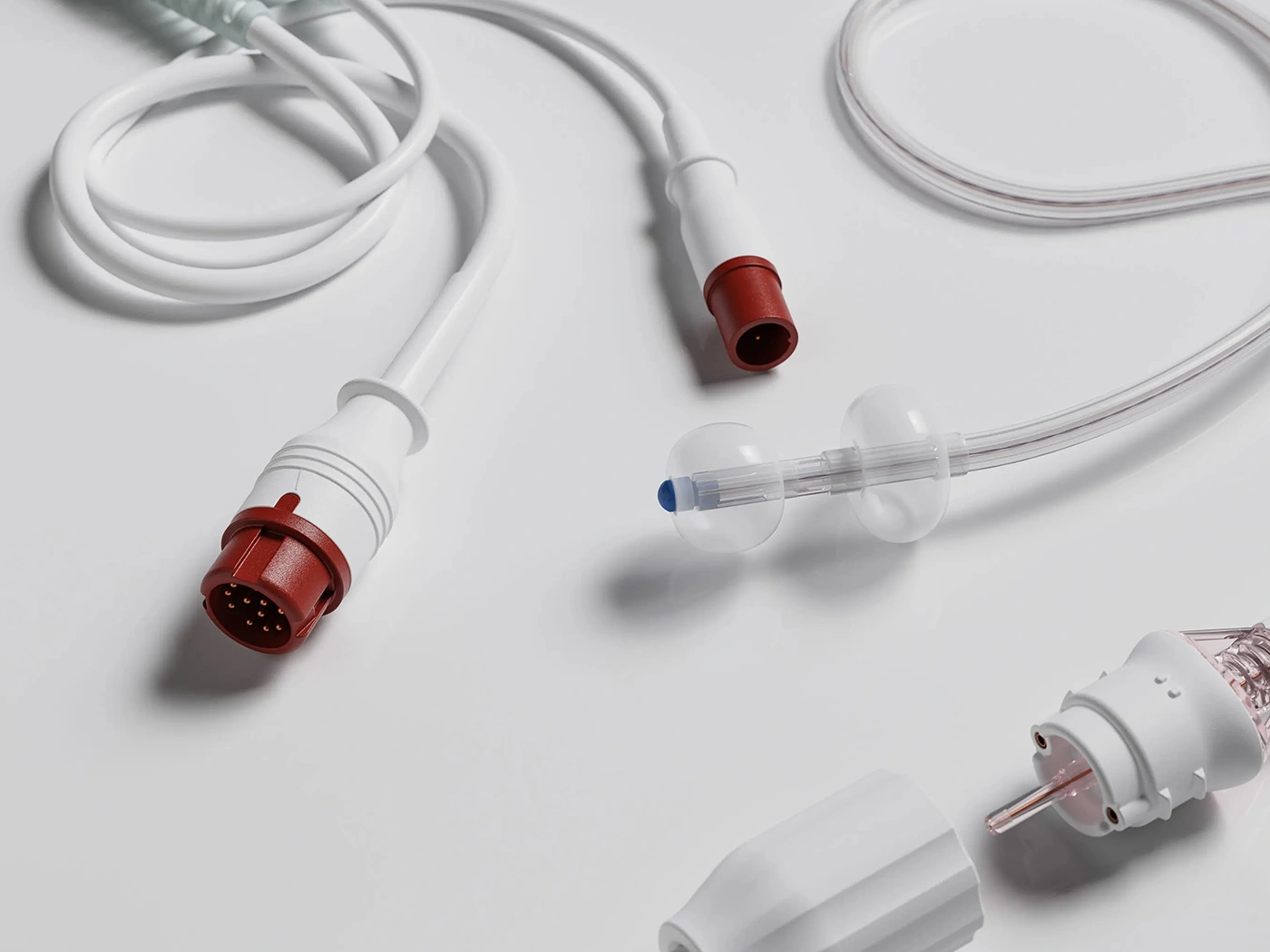 Medical device cables and connectors rendered in 3D with precise ports and tubing detail