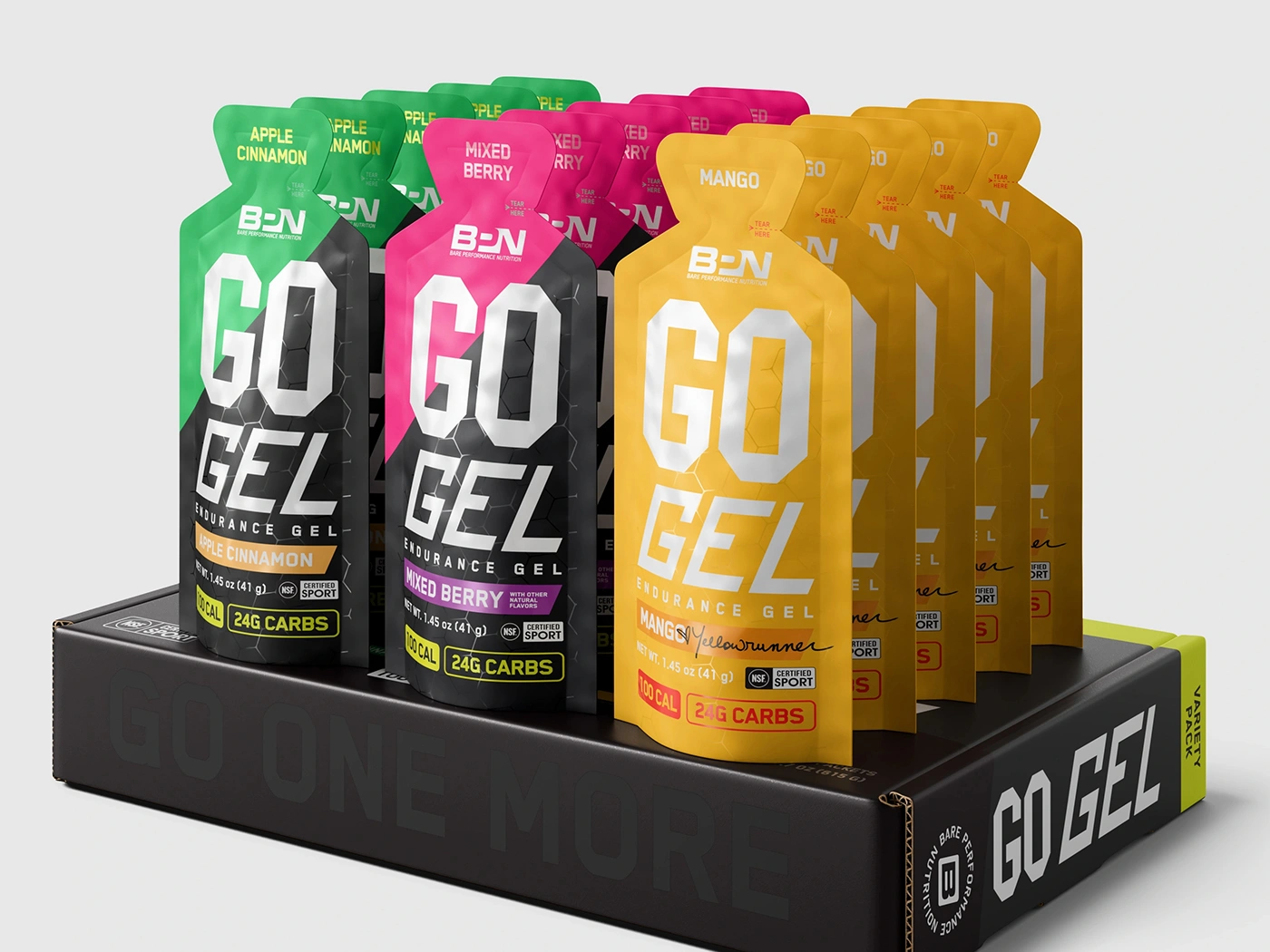 Endurance gel variety pack with colorful flavor pouches rendered in 3D on its retail box