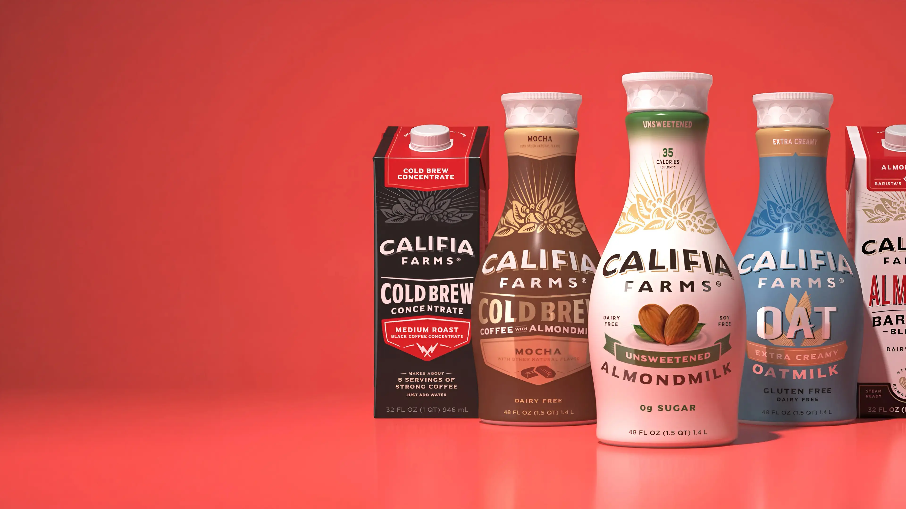 Lineup of Califia Farms cold brew, almondmilk, and oatmilk bottles rendered in 3D against a red background
