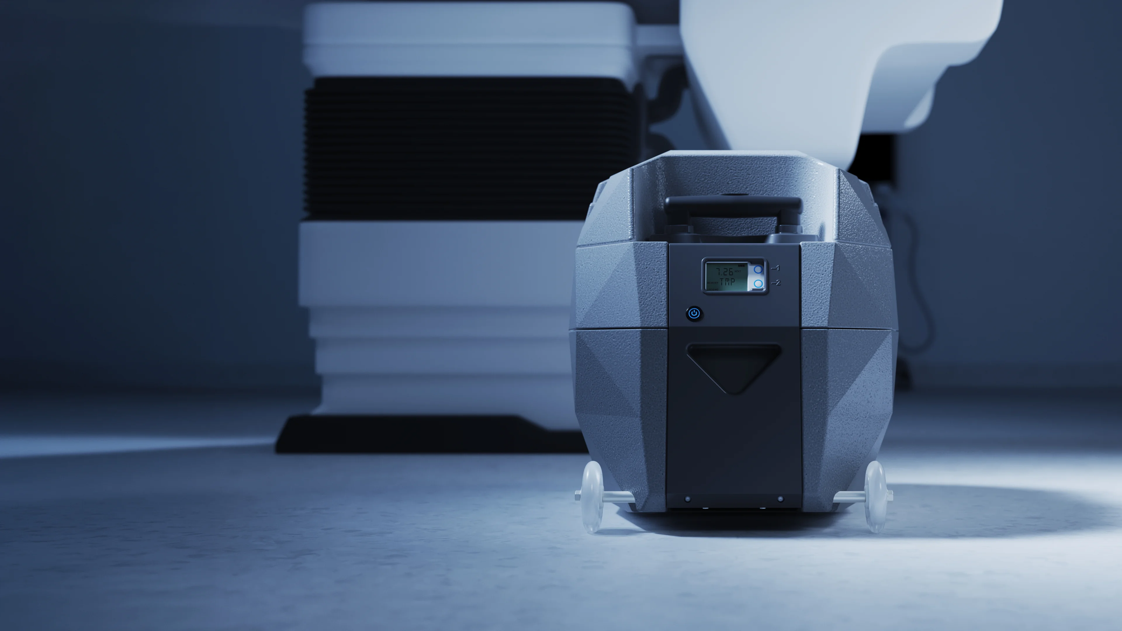 Compact medical device with digital display rendered in 3D beside clinical equipment in cool blue light