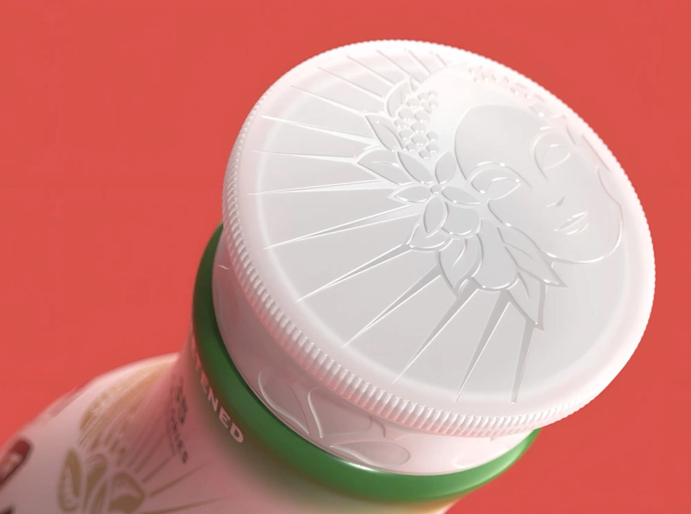Embossed cap detail on a bottle rendered in 3D