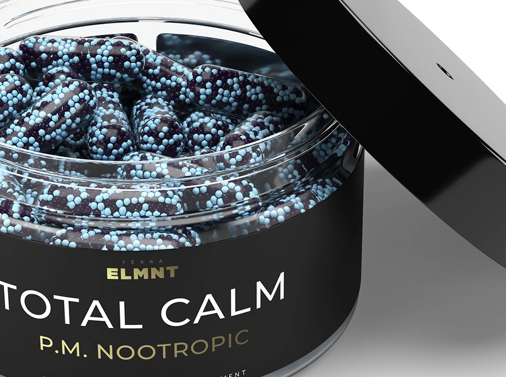 Black jar of capsules with an open lid rendered in 3D