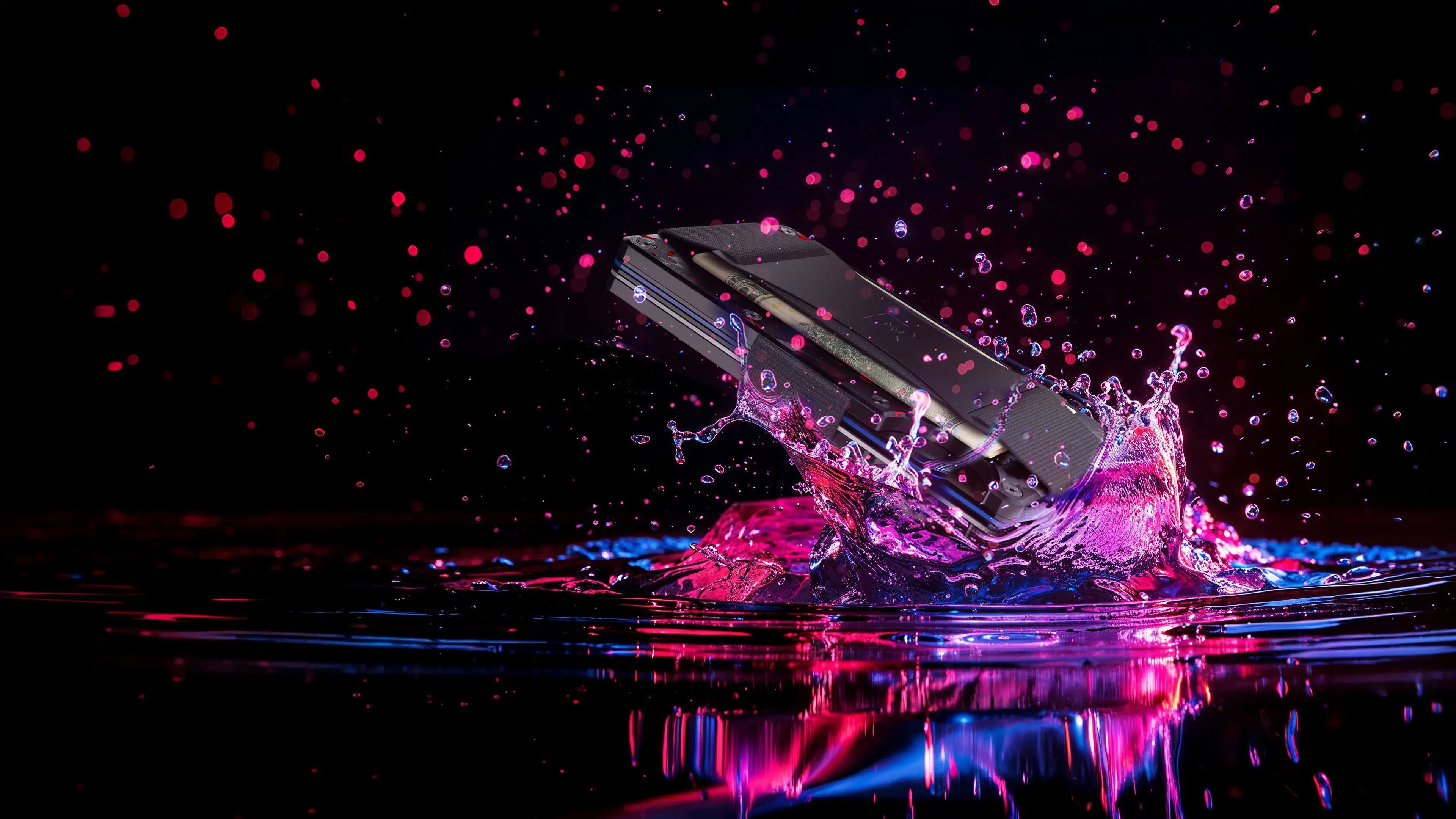 Rugged phone splashing into water with dramatic pink and blue light reflections