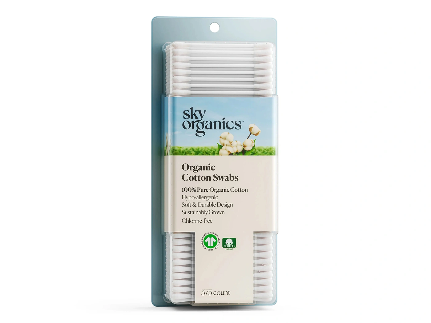 Organic cotton swabs retail package rendered in 3D with sharp label and print detail