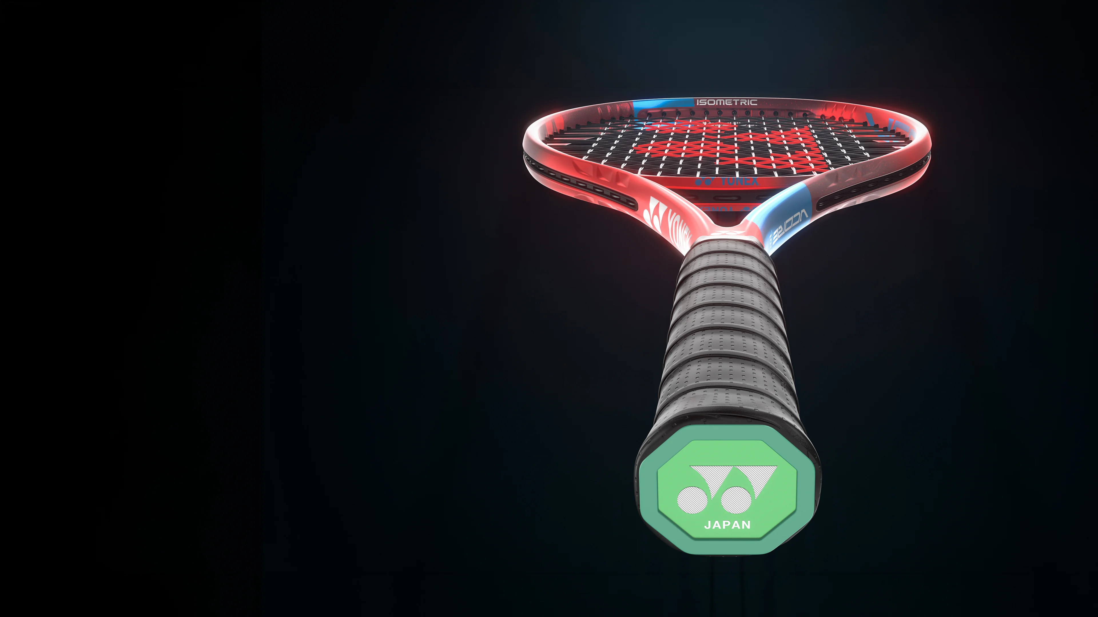 Full tennis racket rendered in 3D, floating against a black background with glowing red and blue rim lighting
