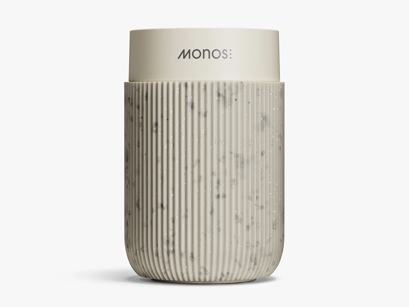 Textured ceramic tumbler with a branded lid rendered in 3D against a clean studio background