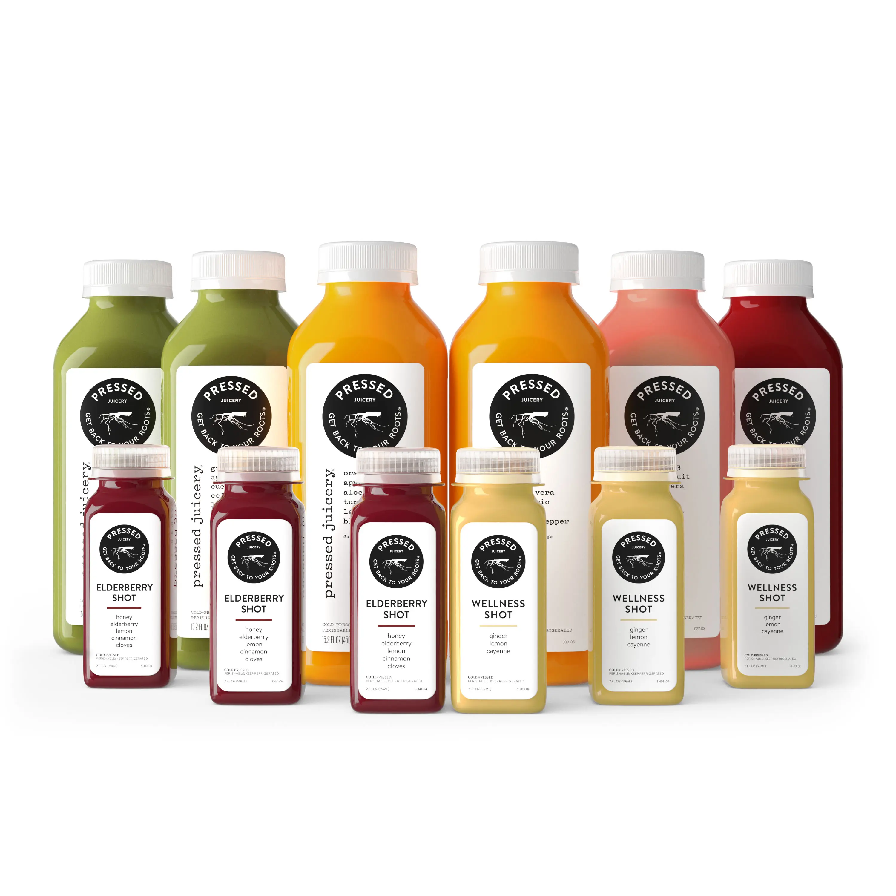 3D render of the Pressed Juicery lineup of cold-pressed juice bottles with elderberry and wellness shots in front