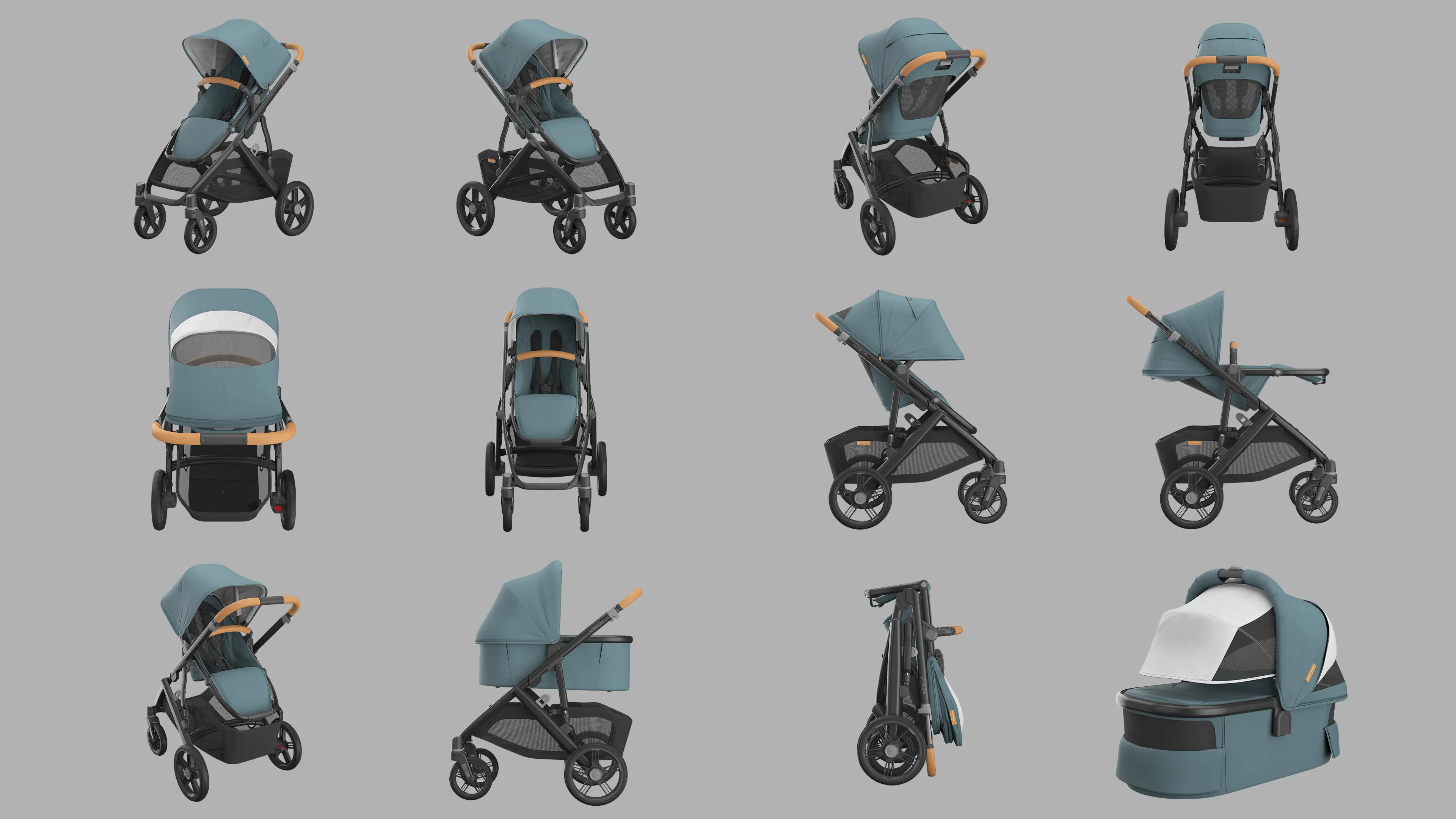 Grid of twelve views of a blue UPPAbaby stroller in different configurations, including folded and with a bassinet