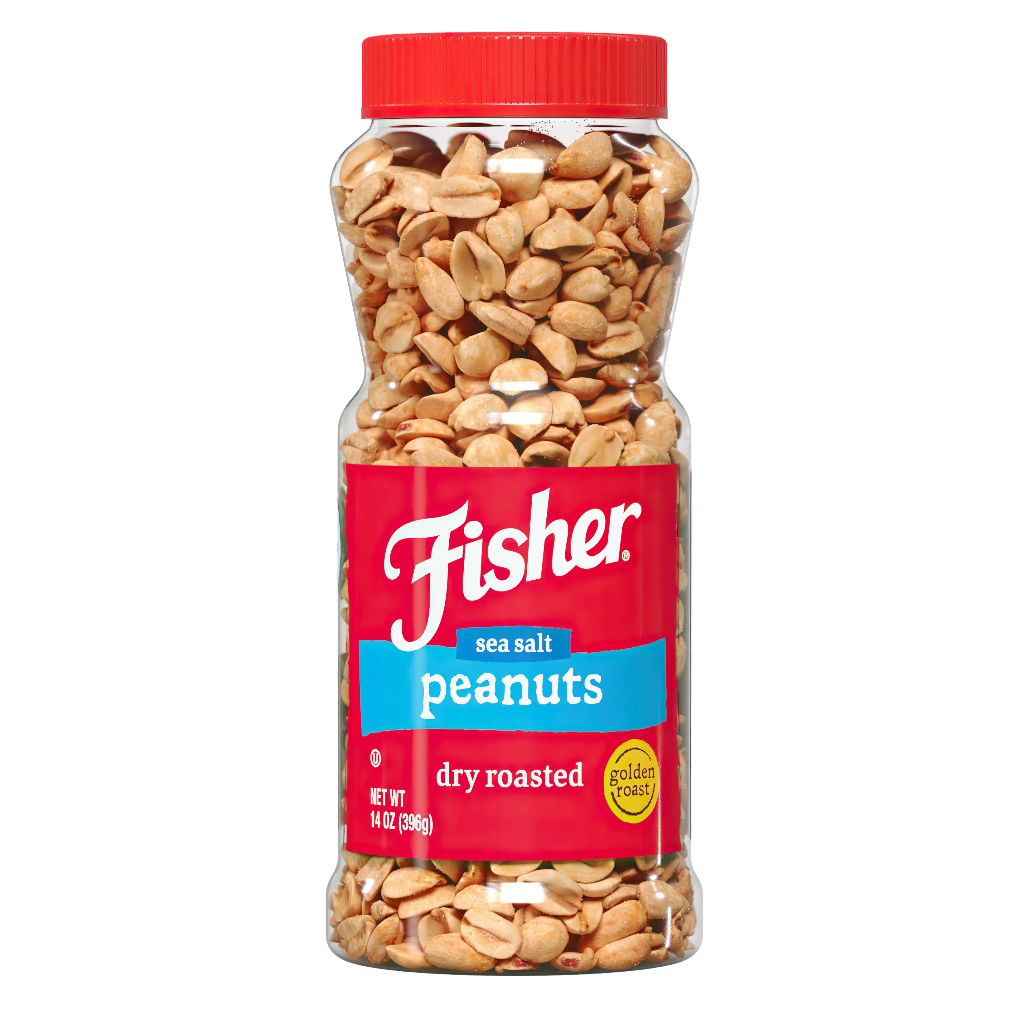 3D render of Fisher Sea Salt Dry Roasted Peanuts in a clear jar with a red lid
