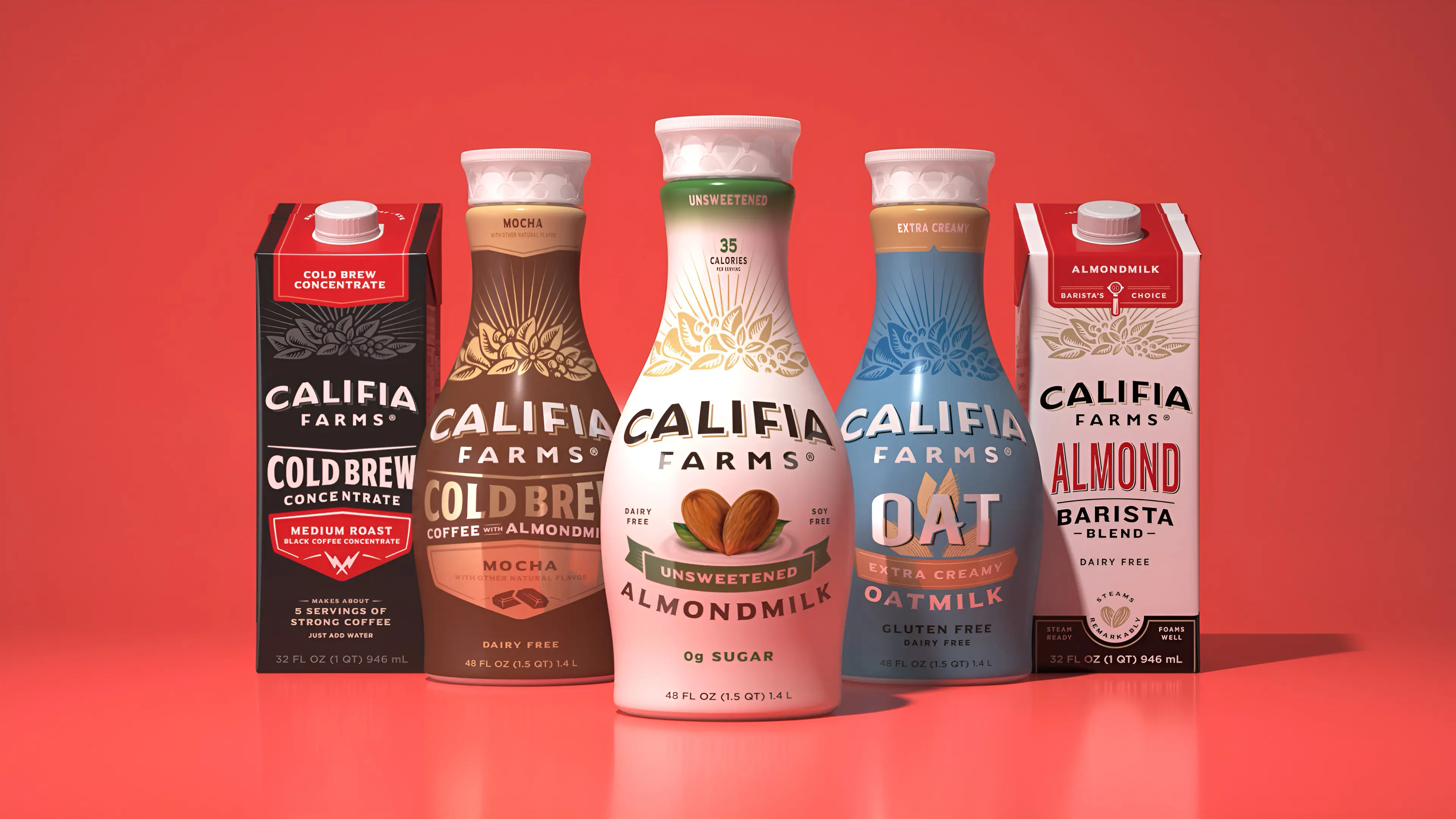 3D render of five Califia Farms cartons and bottles, including almondmilk, oat milk and cold brew, on a red background
