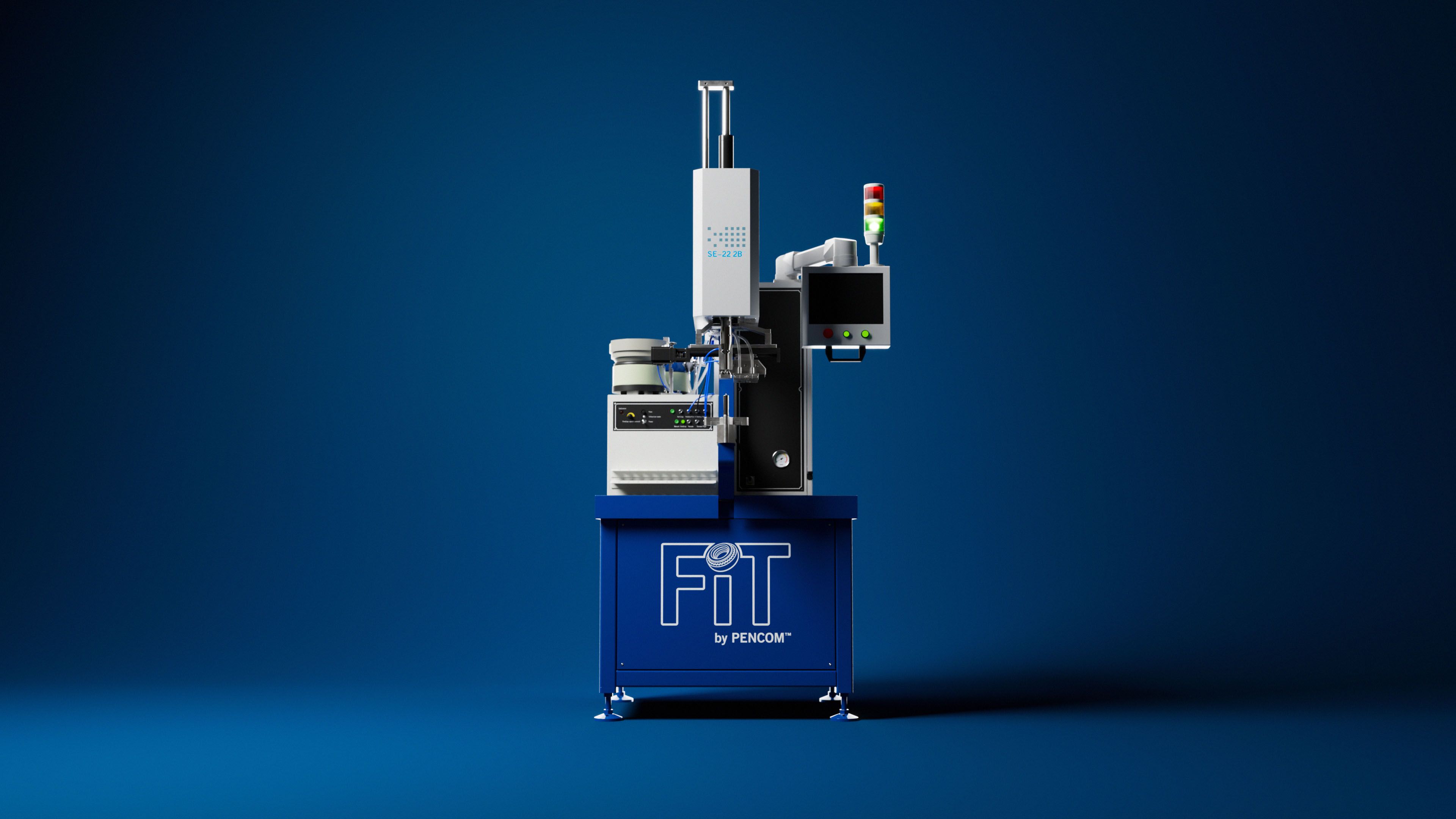 3D render of the PENCOM SE-22 2B fastener insertion machine on a blue background