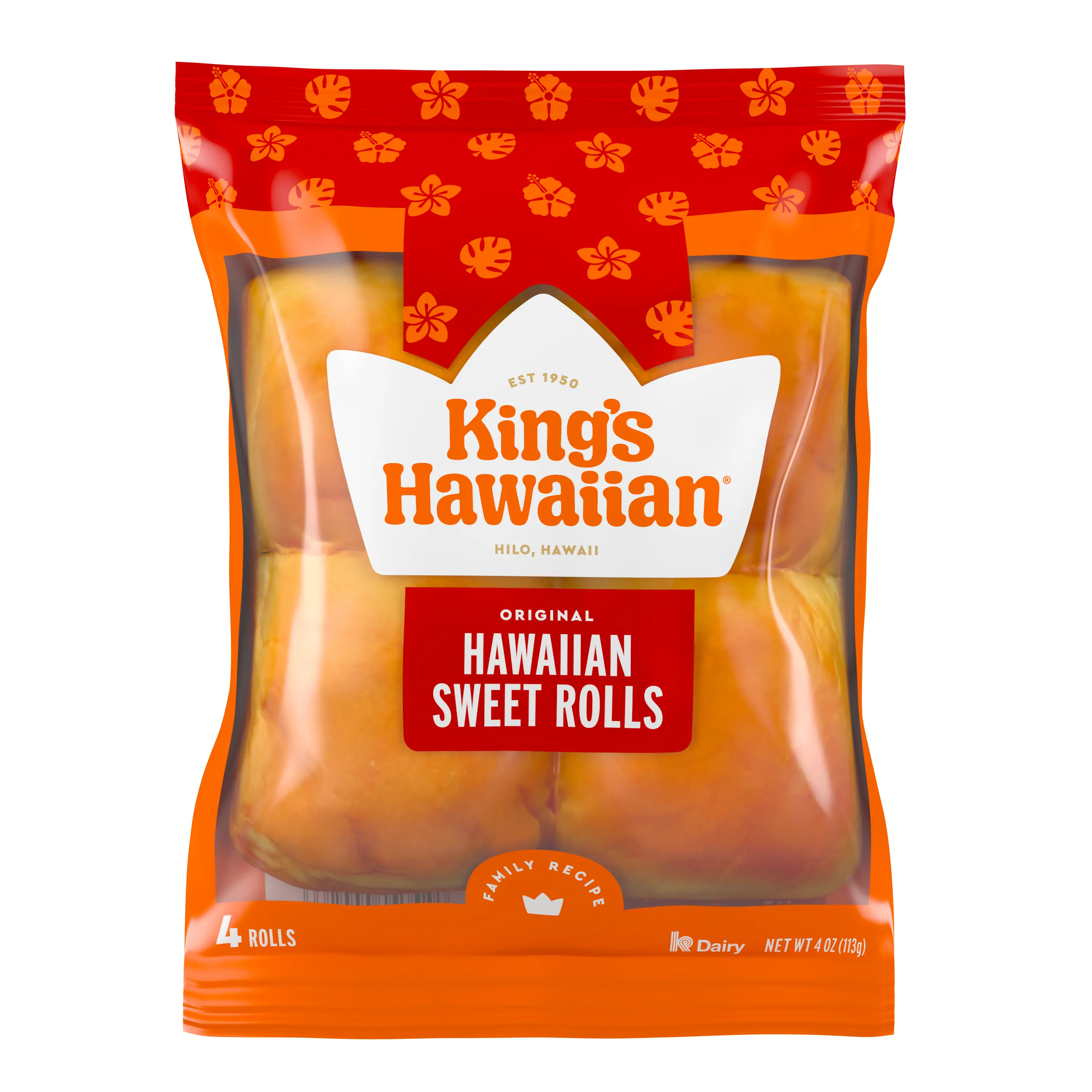 3D render of a four-pack of King's Hawaiian Original Hawaiian Sweet Rolls