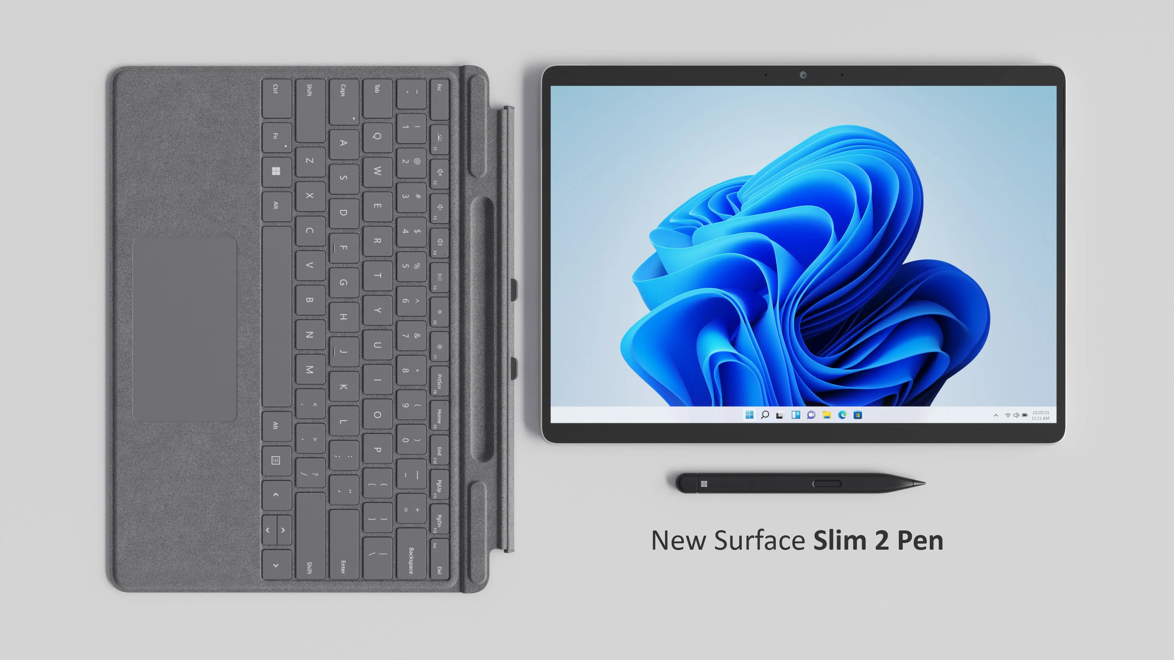 Surface Pro 8 beside its gray Signature Keyboard and the new Surface Slim Pen 2