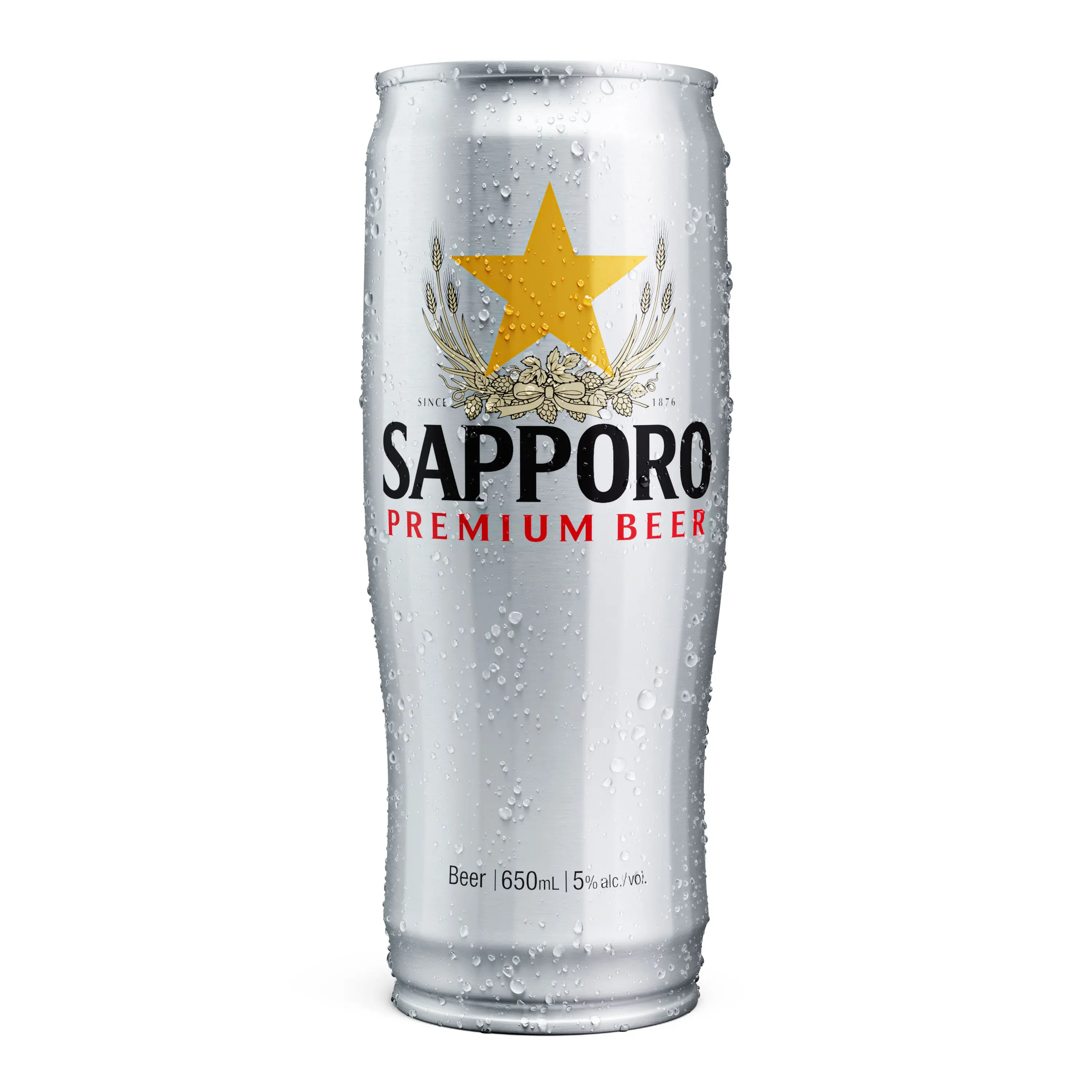 Tall 650 mL Sapporo Premium Beer can with condensation
