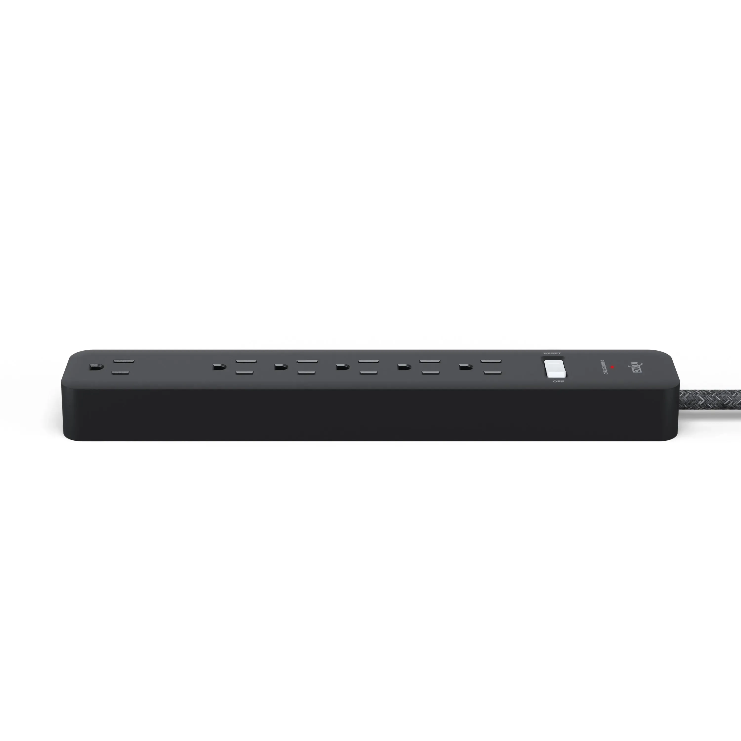 3D render of a black KMC power strip lying flat, showing its row of outlets