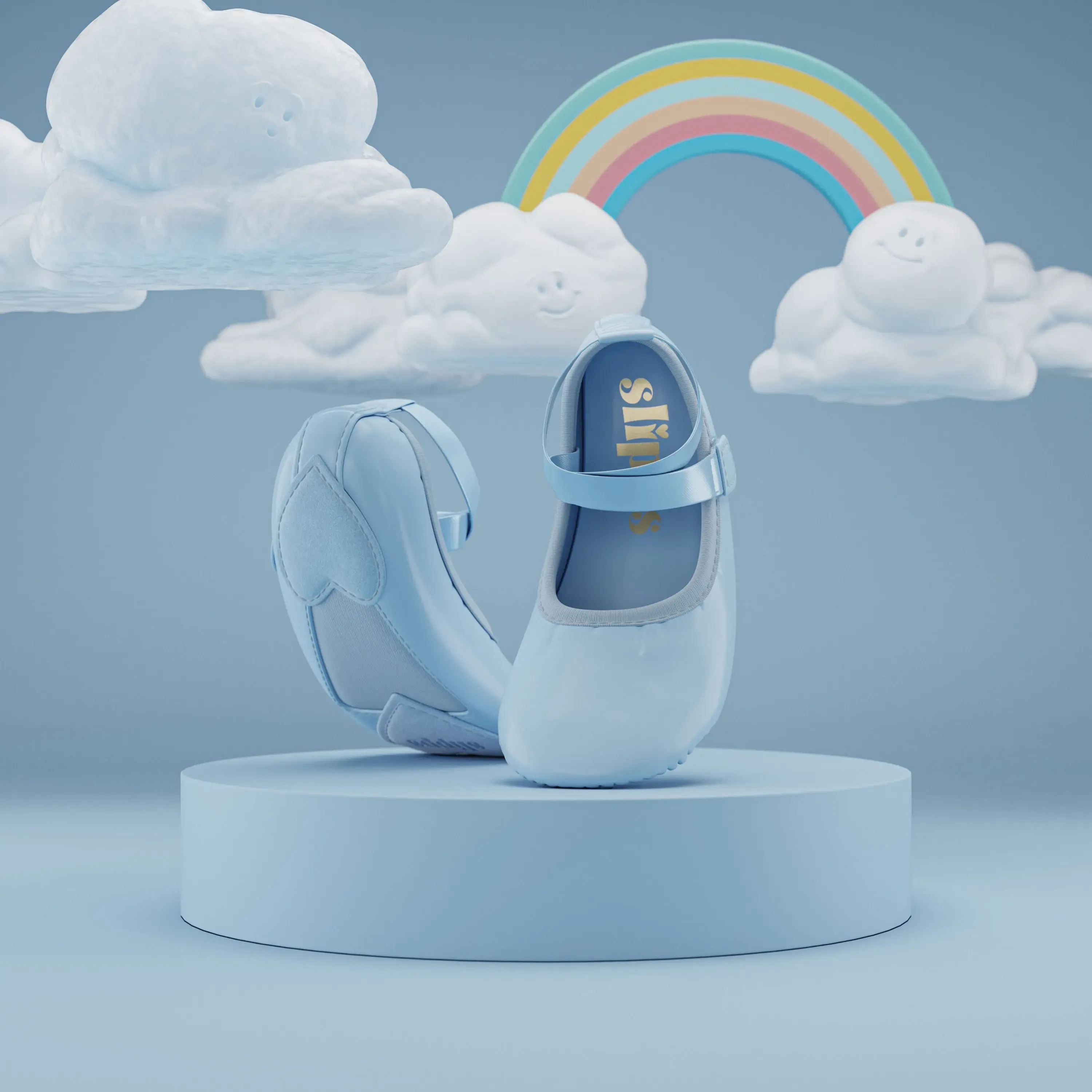 3D render of light blue Slipps Prima ballet shoes on a pedestal with clouds and a rainbow