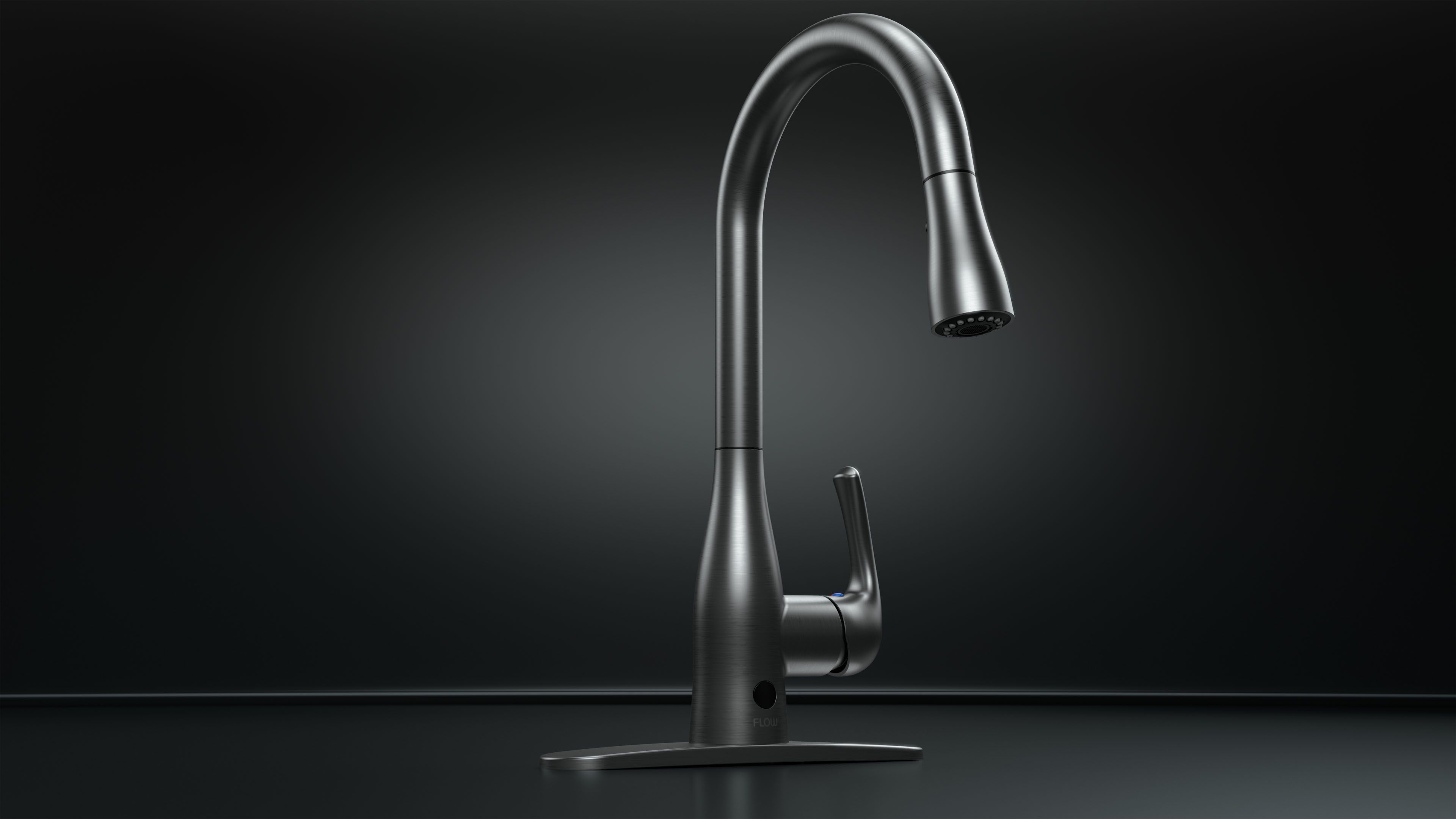 3D render of a matte black pull-down kitchen faucet against a dark background