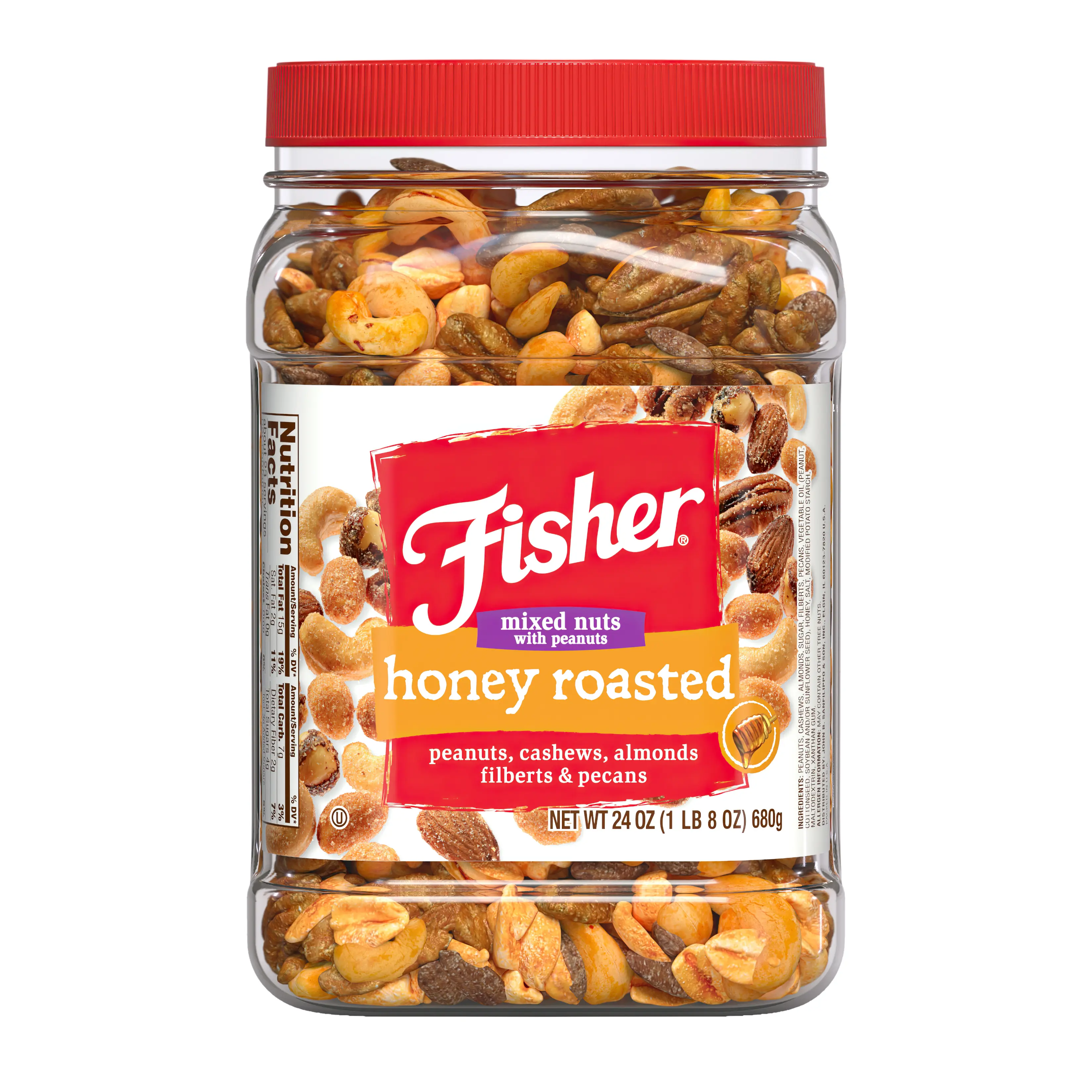 Fisher Honey Roasted Mixed Nuts in a clear 24 oz tub with a red lid