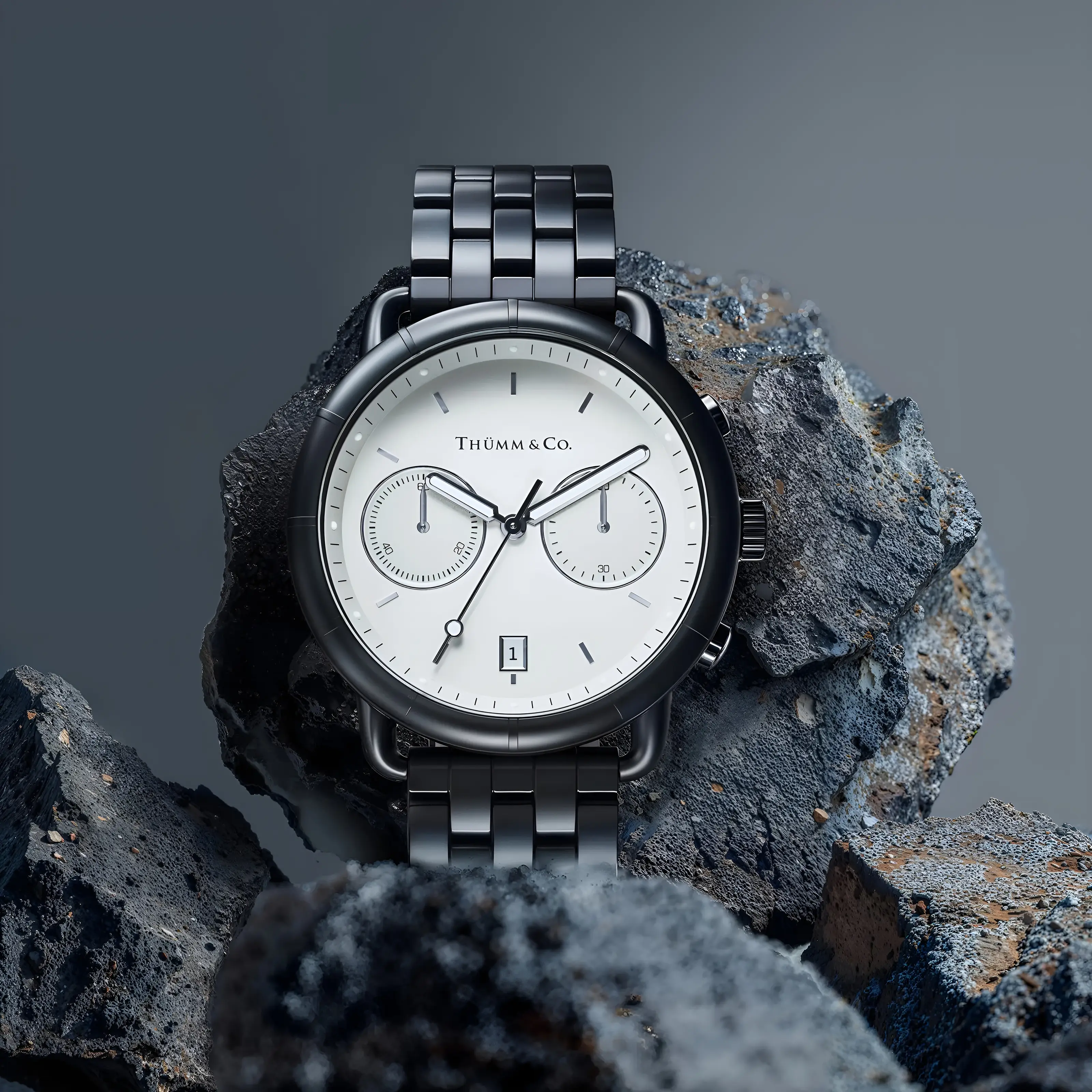 THÜMM & Co. TCO 2000 chronograph with a white dial and black bracelet resting on volcanic rock