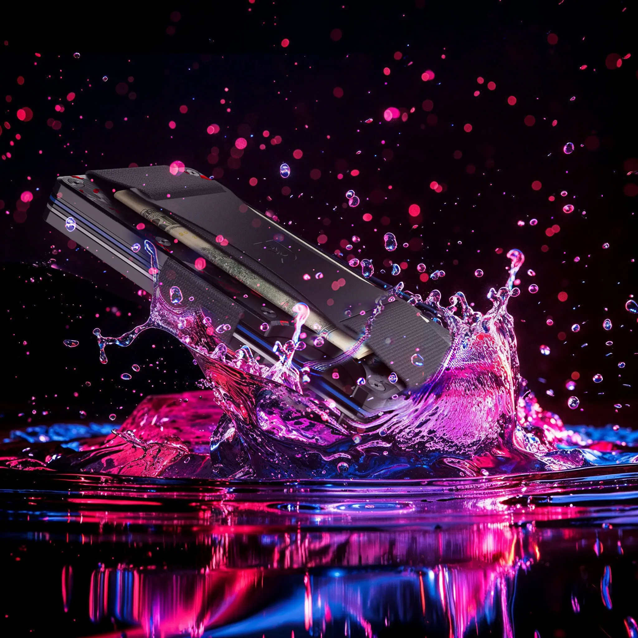 3D render of a Ridge Wallet splashing into water under pink and blue lights