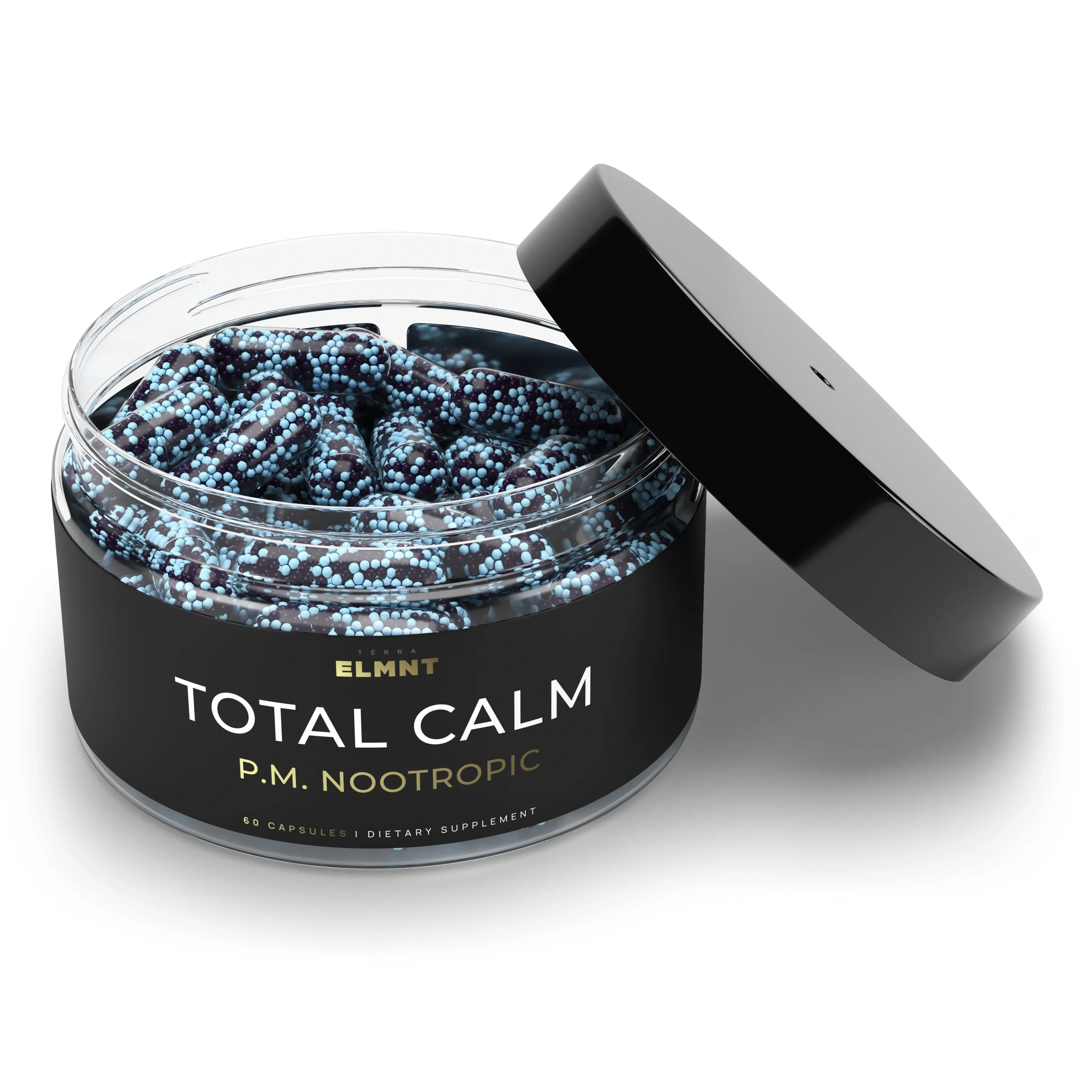 3D render of an open jar of Elmnt Total Calm P.M. Nootropic filled with blue and purple beaded capsules