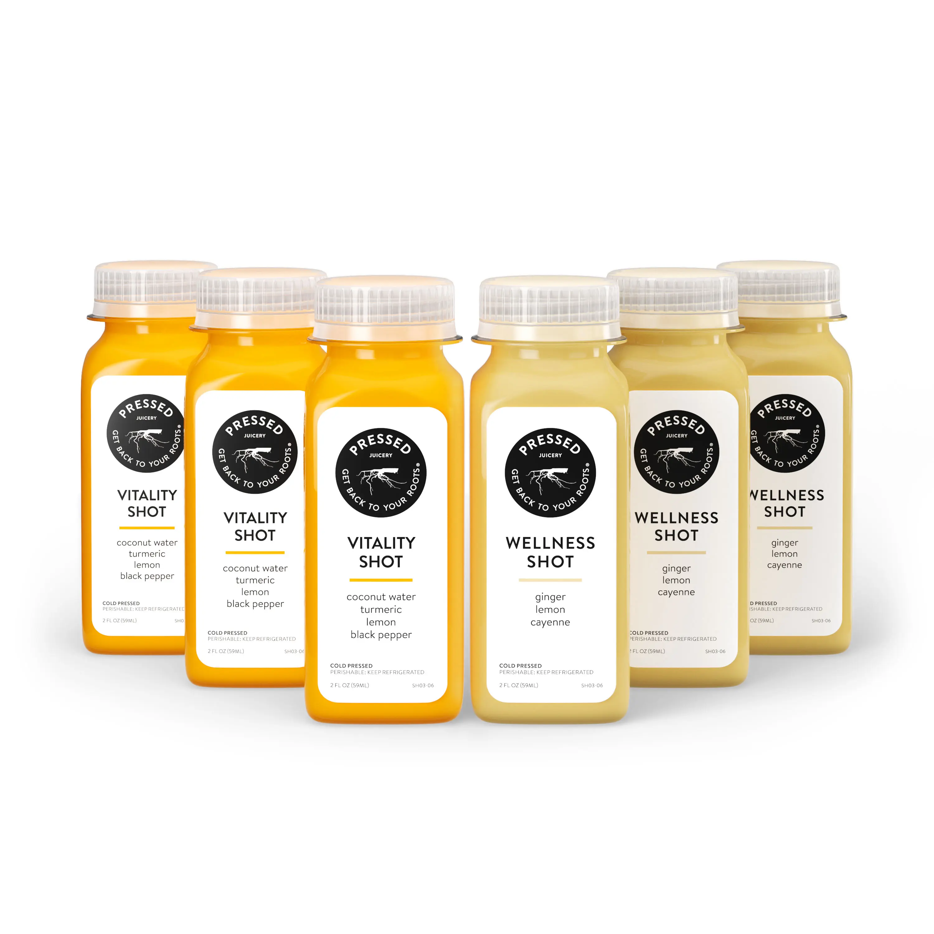 Pressed Juicery Vitality Shot and Wellness Shot bottles lined up