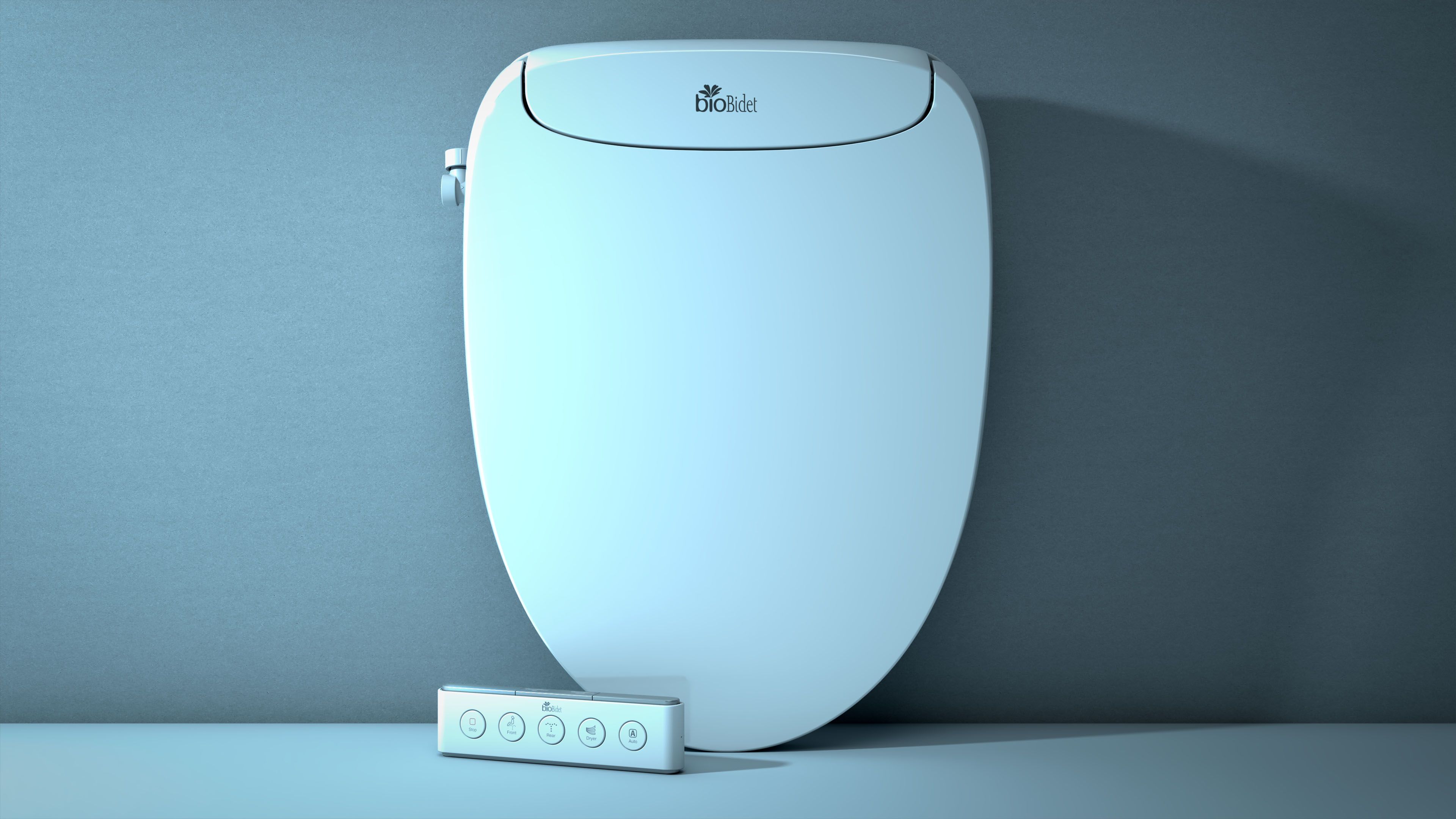 3D render of the BioBidet F-Series bidet seat with its lid closed, next to its remote