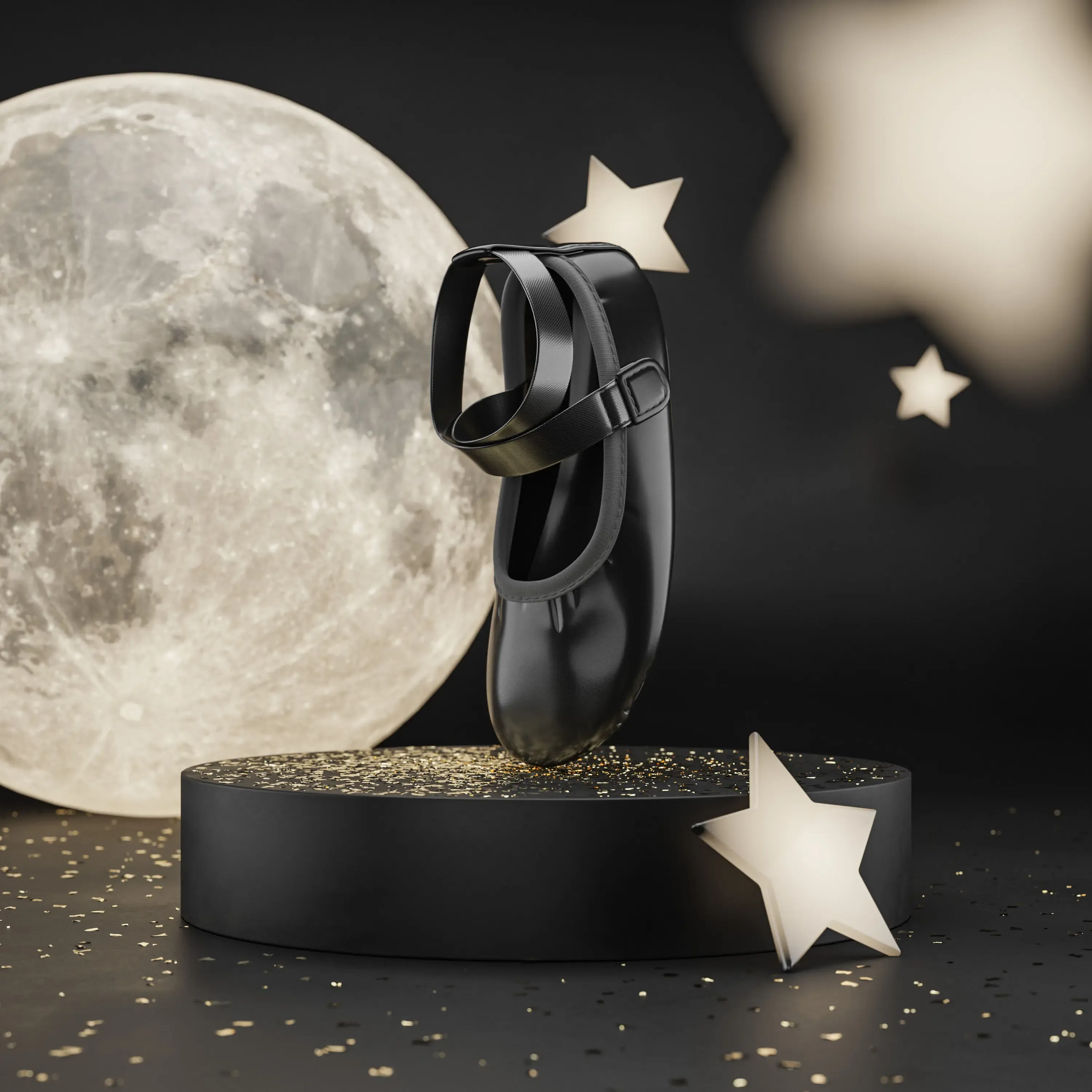 Black Slipps Prima ballet shoe on a pedestal with the moon and glowing stars