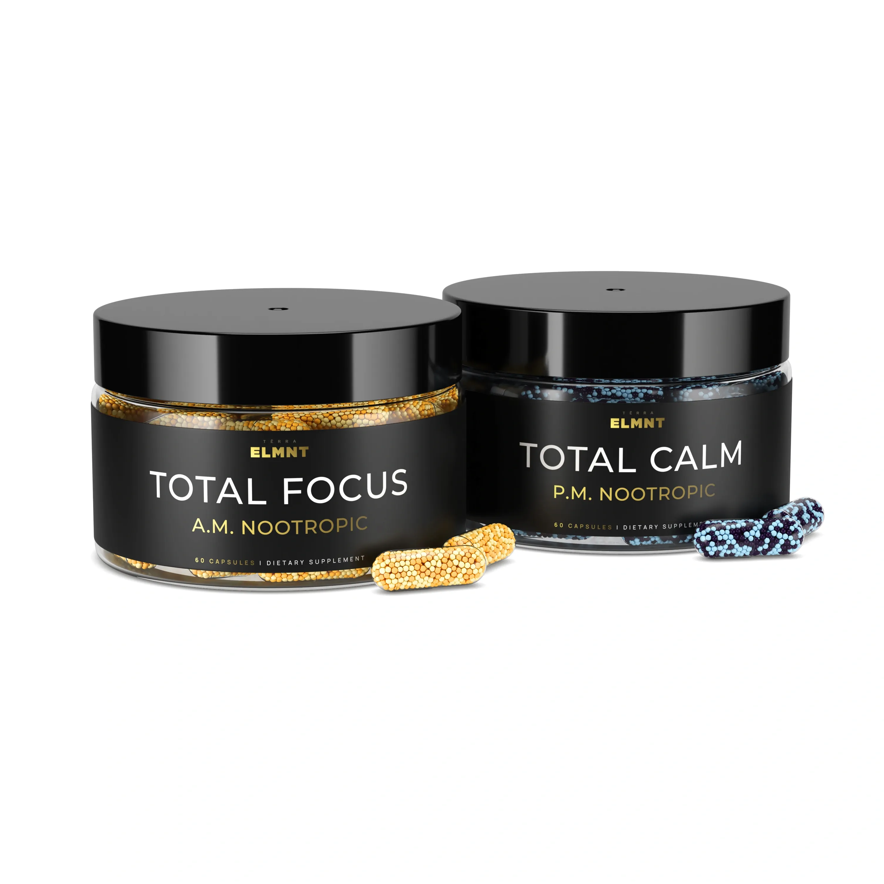 Elmnt Total Focus and Total Calm supplement jars side by side, with capsules in front
