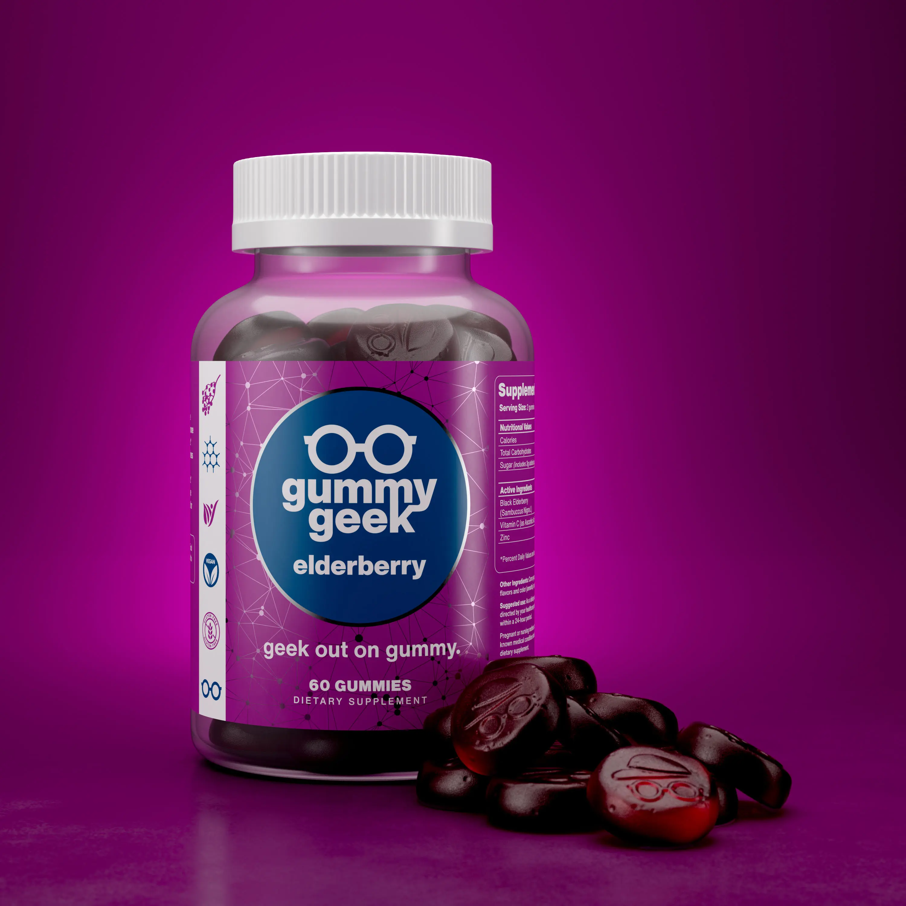Gummy Geek Elderberry gummy bottle with dark purple gummies on a purple background