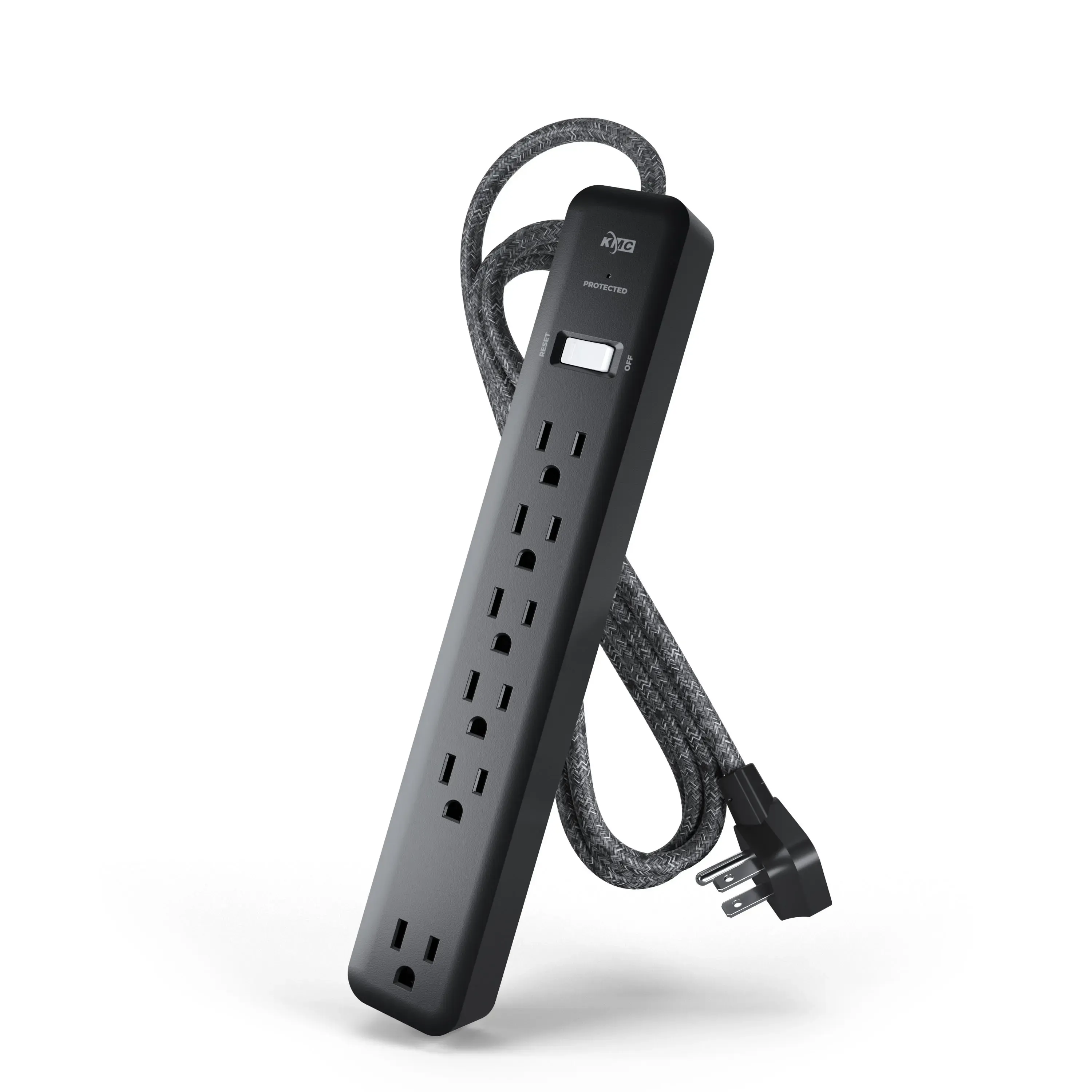 Black KMC six-outlet power strip leaning upright with its braided cord coiled behind it