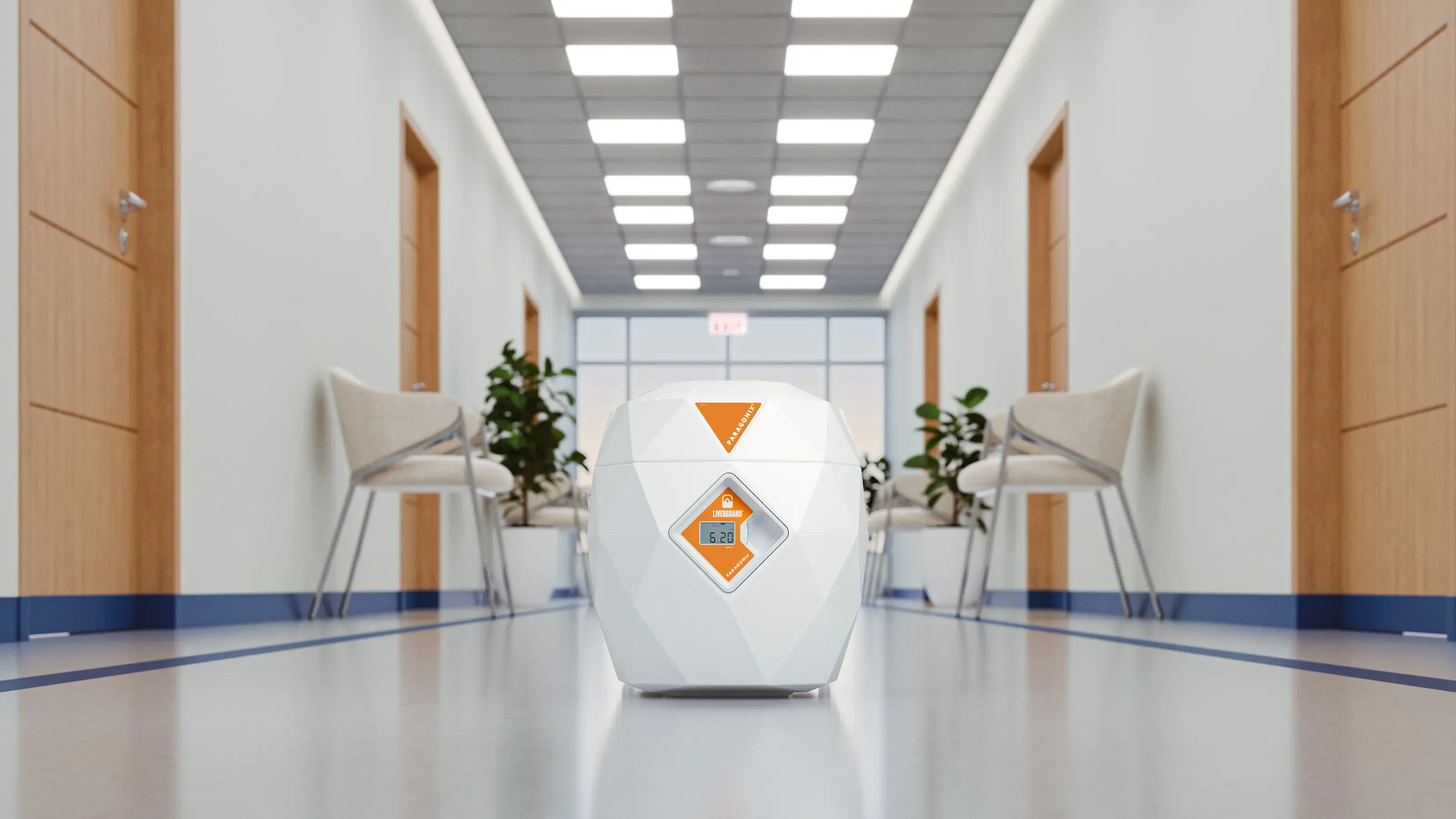 White Paragonix organ transport device in a bright hospital corridor