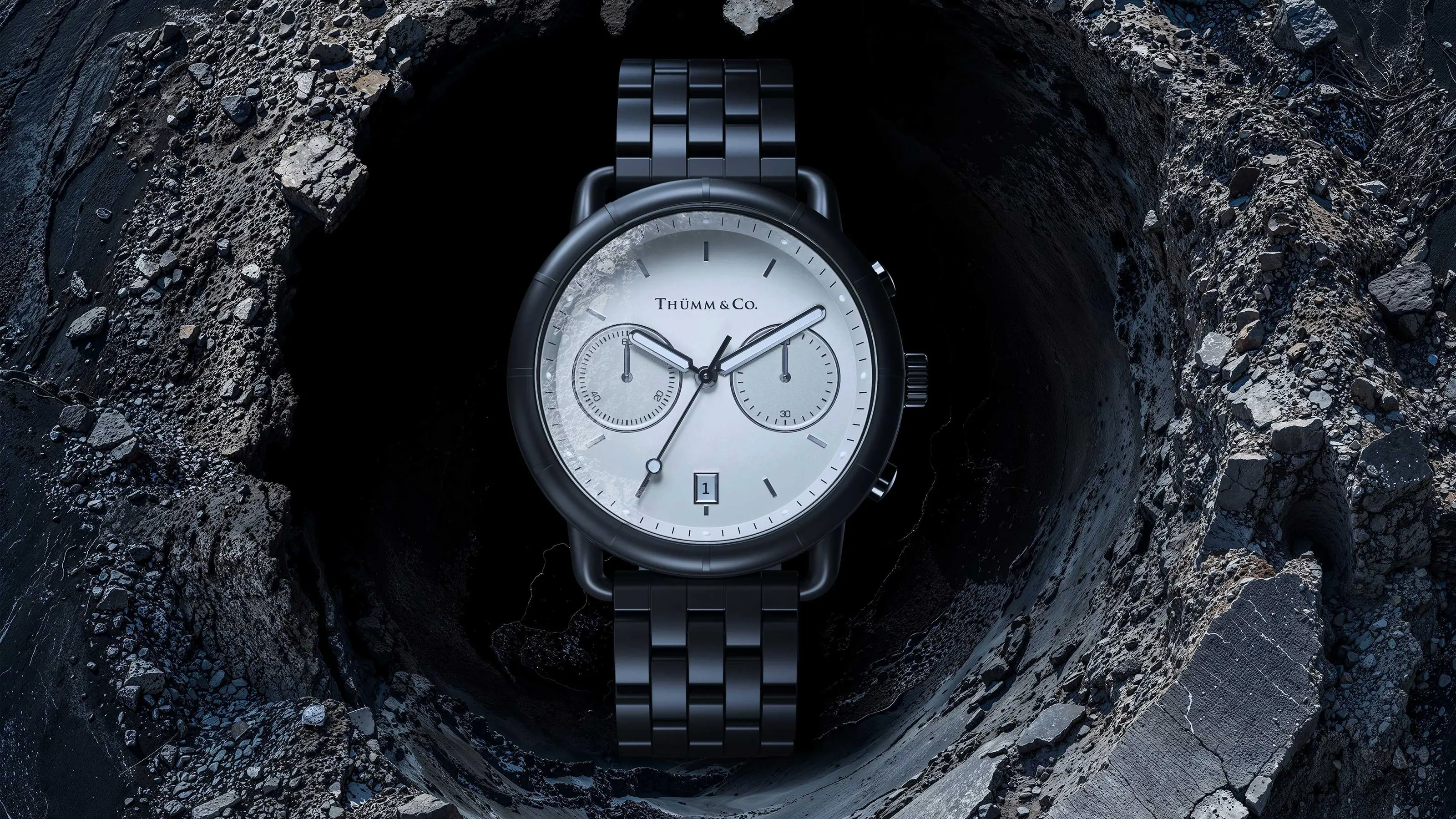 3D render of a THÜMM & Co. TCO 2000 chronograph watch with a white dial inside a volcanic rock crater