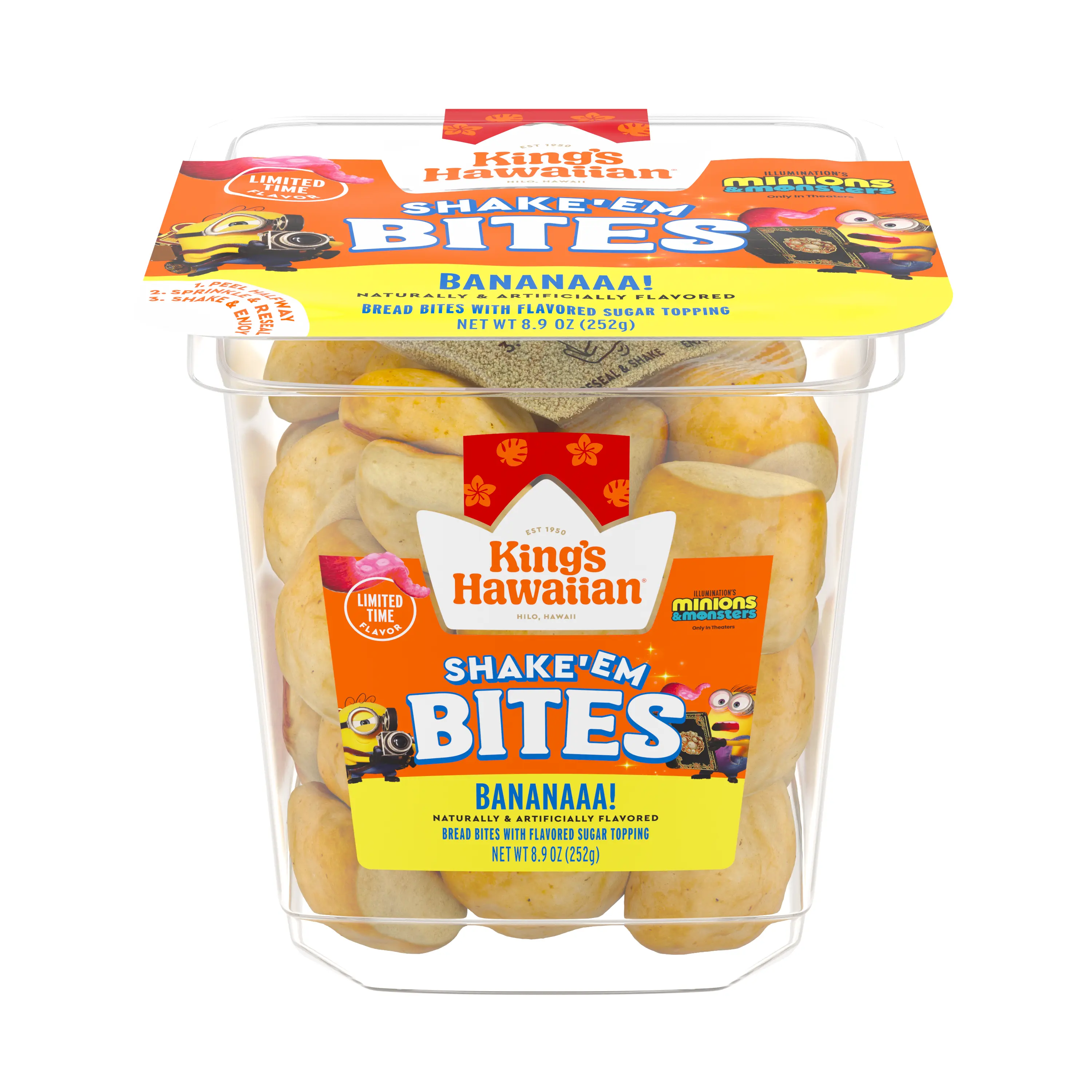 Tub of King's Hawaiian Shake'em Bites in Bananaaa! flavor with Minions branding