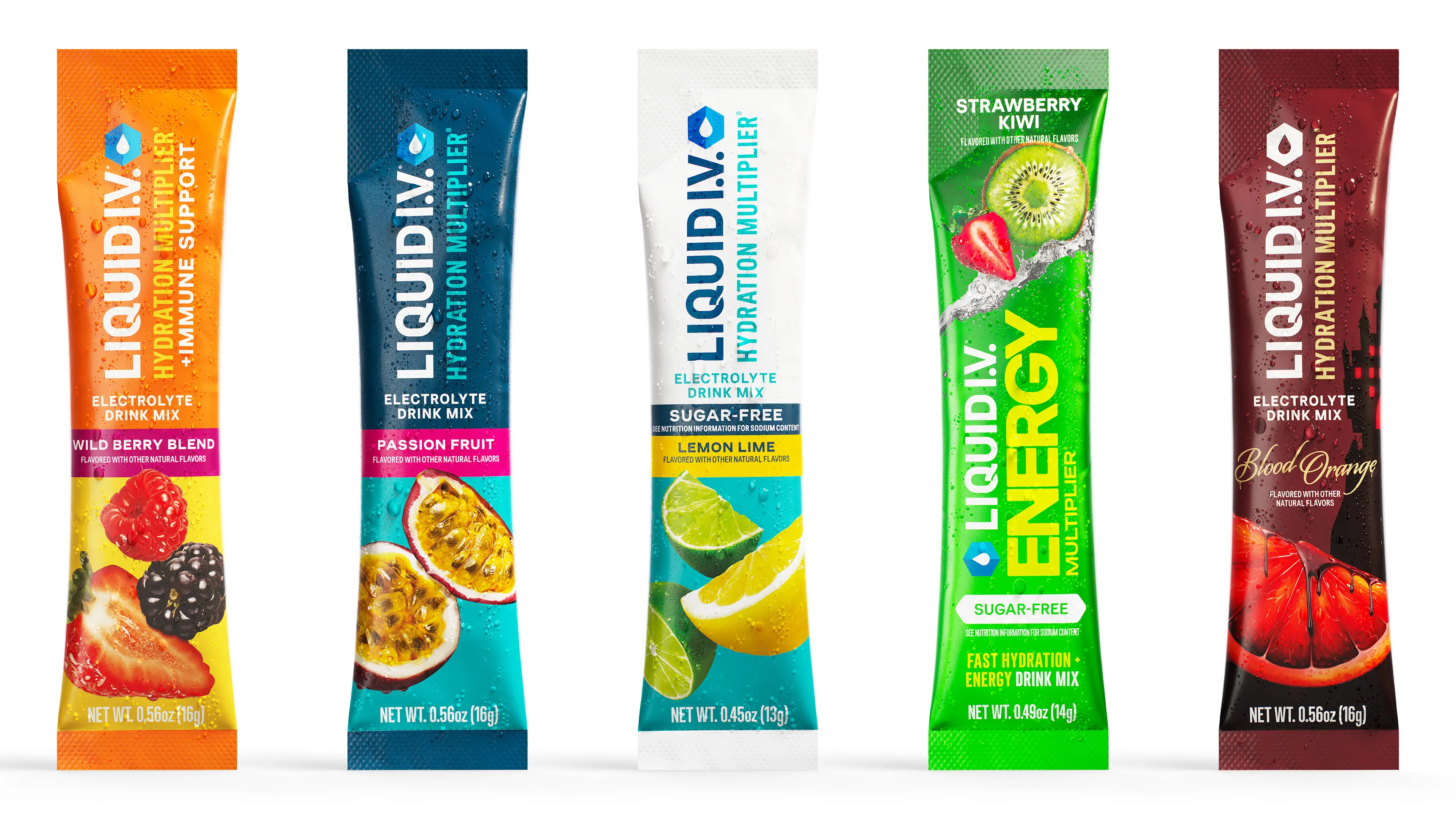 3D render of five Liquid I.V. drink mix sticks in different flavors, including passion fruit, lemon lime and strawberry kiwi