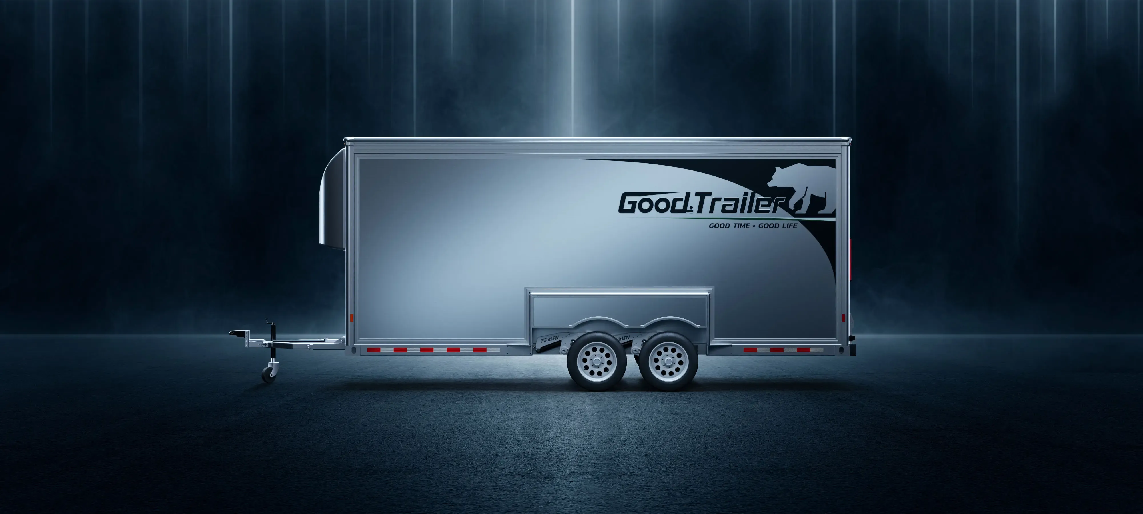 3D render of a silver Good Trailer enclosed cargo trailer in a dark, dramatically lit studio