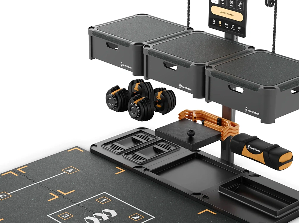Exploded view of a home gym system separated into its floating component parts